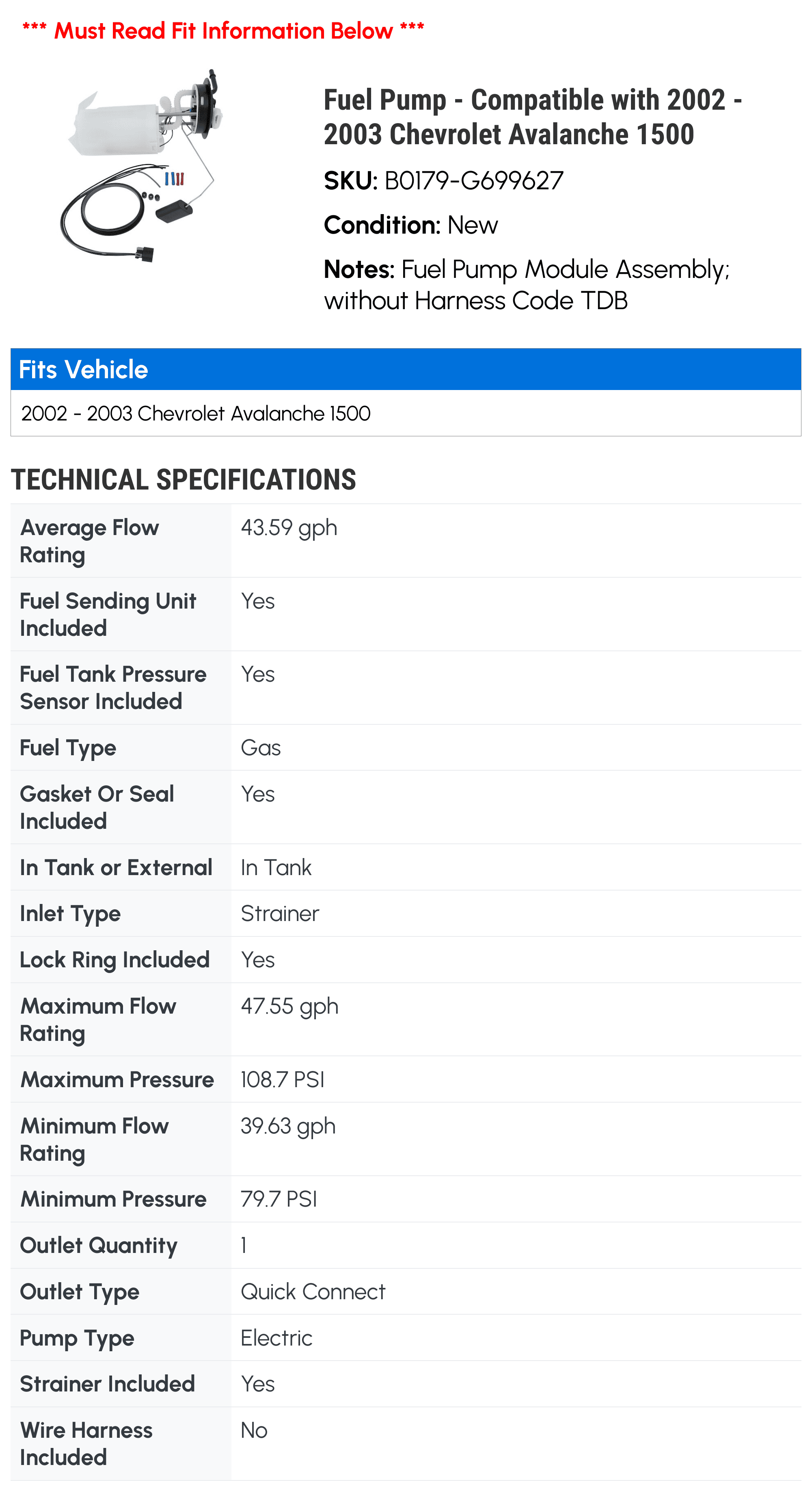 Fuel Pump - Compatible with 2002 - 2003 Chevy Avalanche 1500