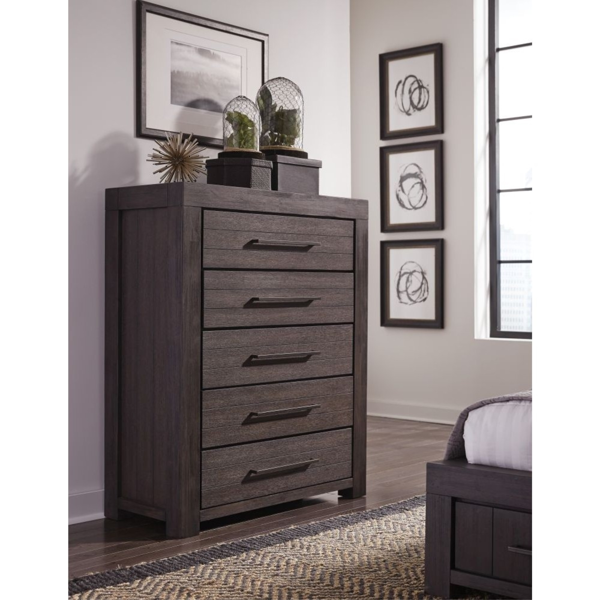 Wooden Five Drawer Chest with Bronze Metal Pulls, Basalt Gray