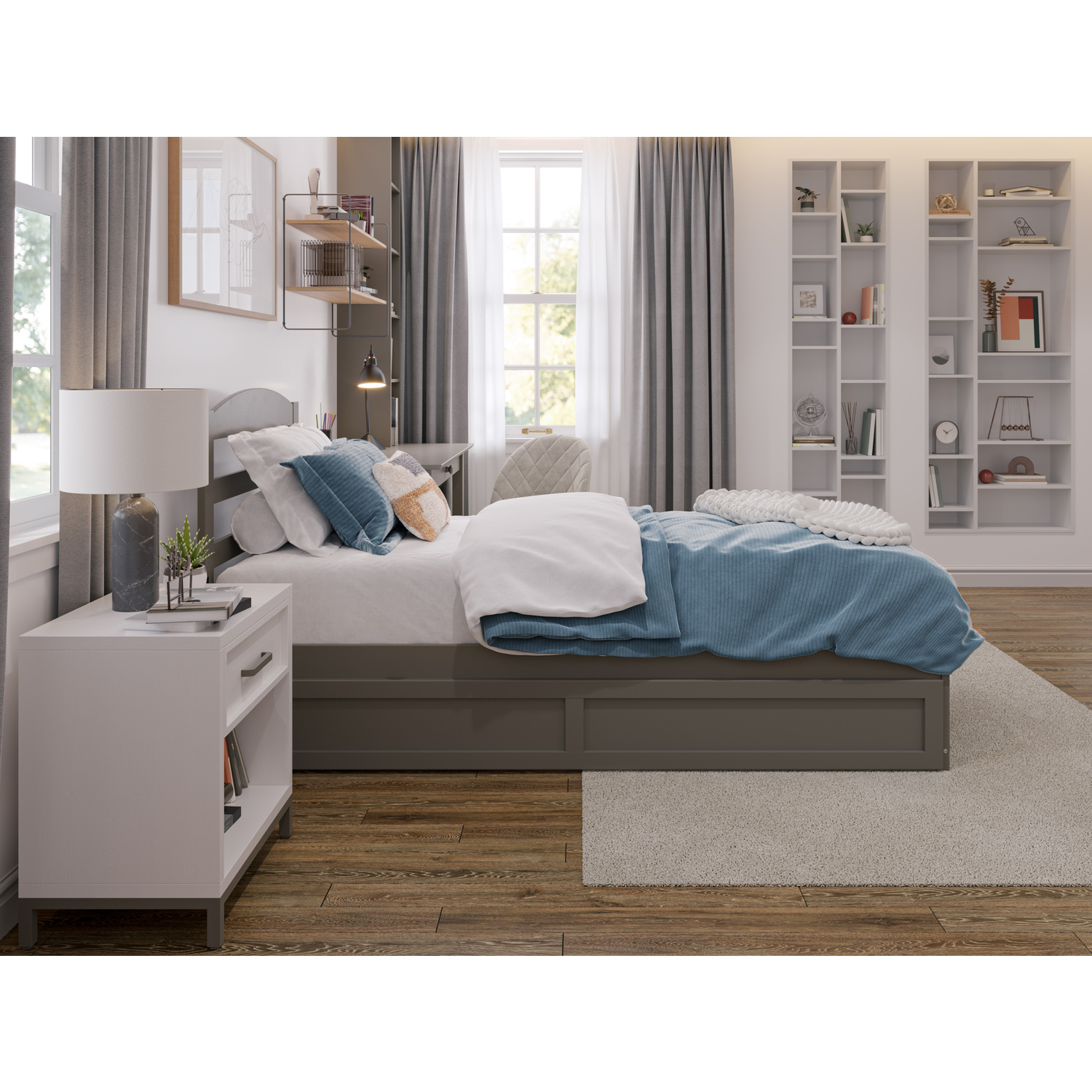 AFI Warren Solid Wood Twin Bed w/ Footboard & Twin Trundle in Gray