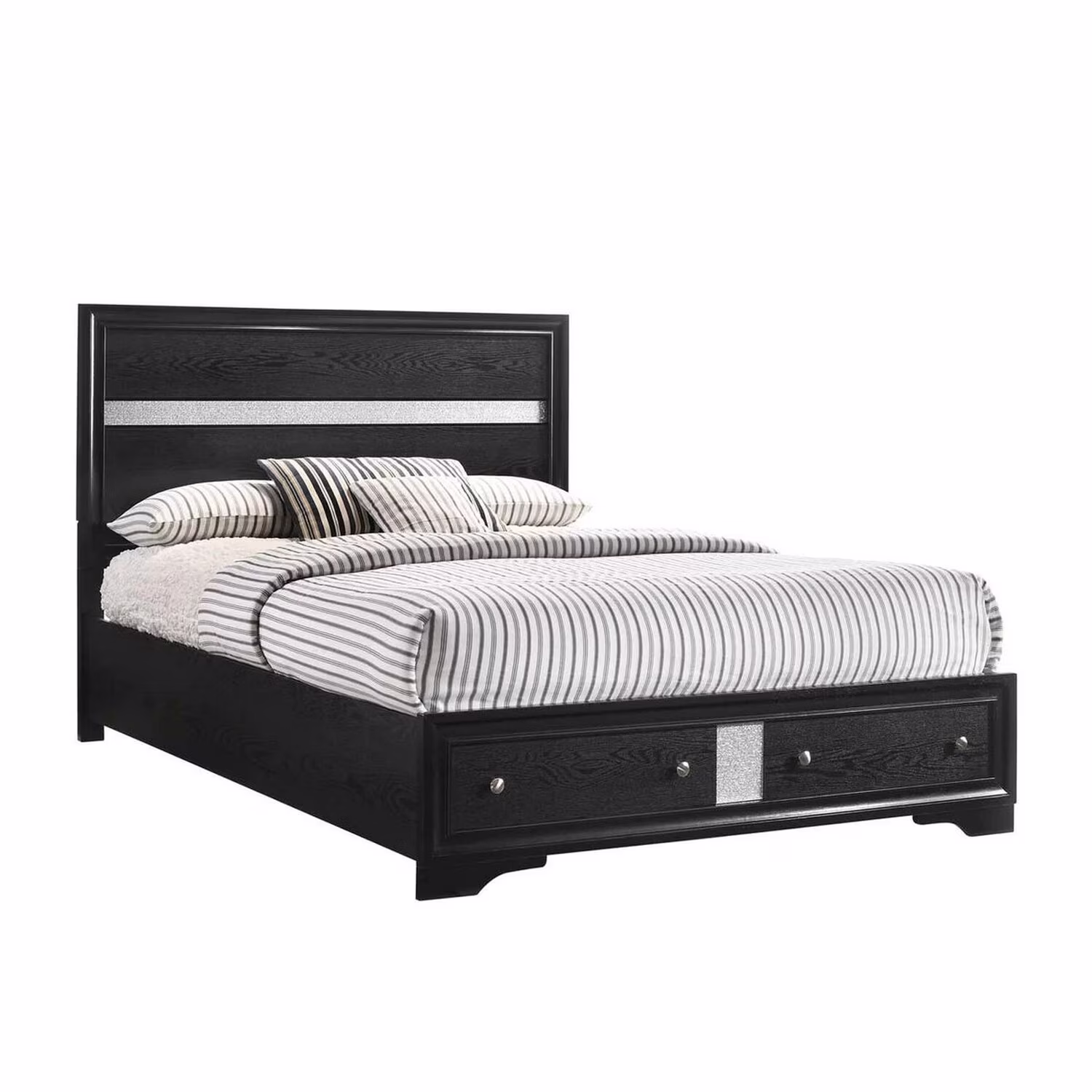 Benjara Regi Queen Bed, 2 Storage Drawers, Silver Striped Headboard, Black Wood
