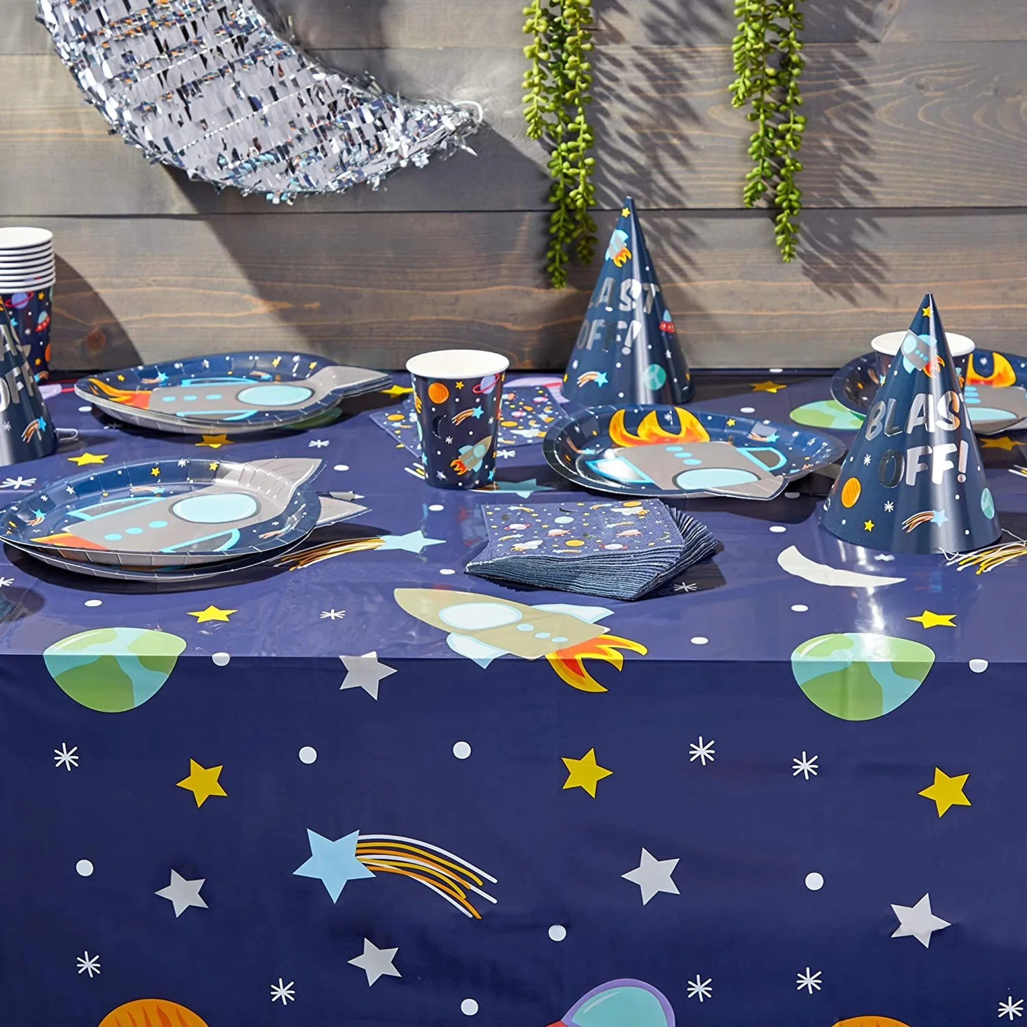 99-Piece Outer Space Party Pack with Dinnerware, Hats, Banner, Tablecloths (Serves 24)
