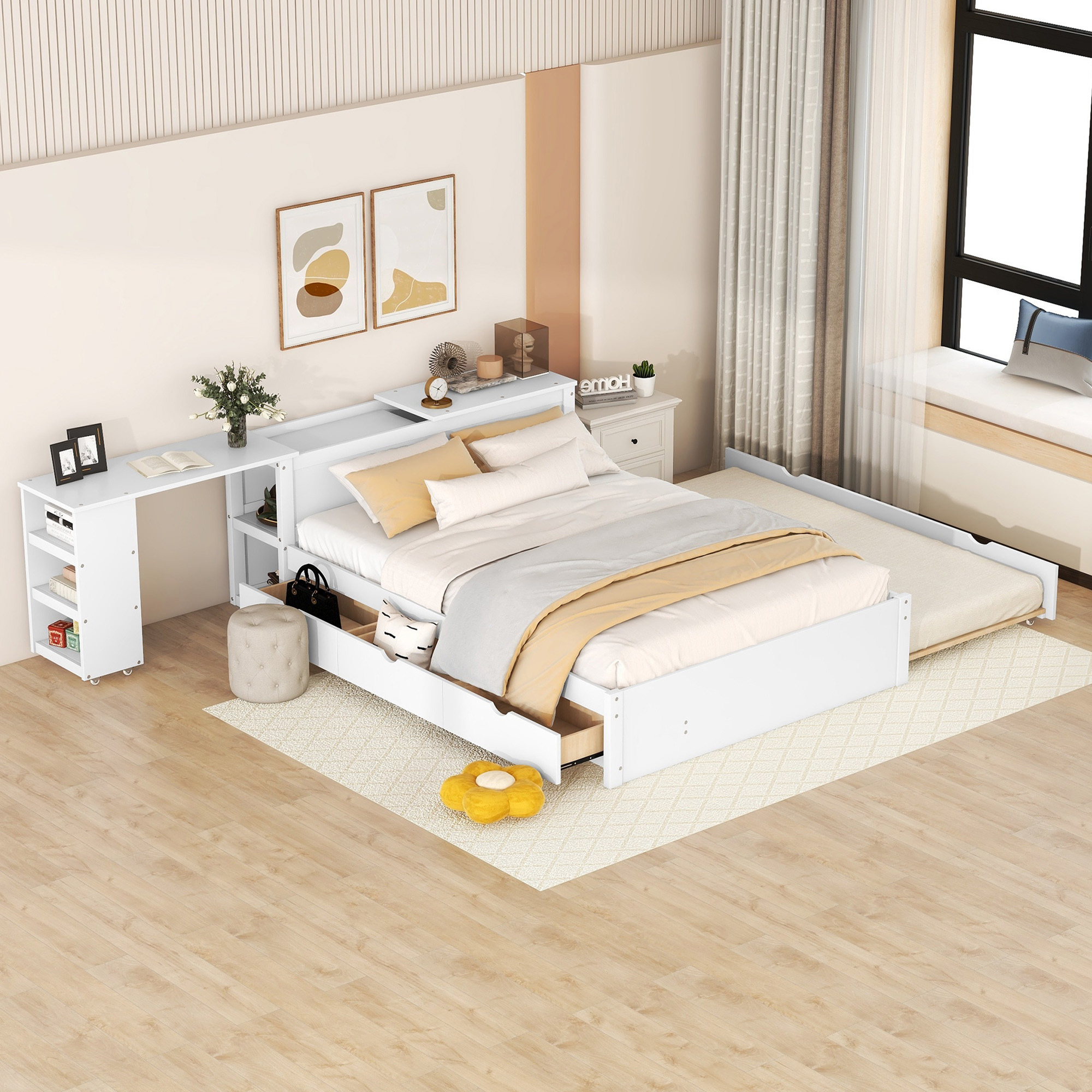 Kuurfuurdo Full Size Platform Bed with Trundle and Multi-Functional Headboard, Bed Frame for Kids Teens and Adults (White)