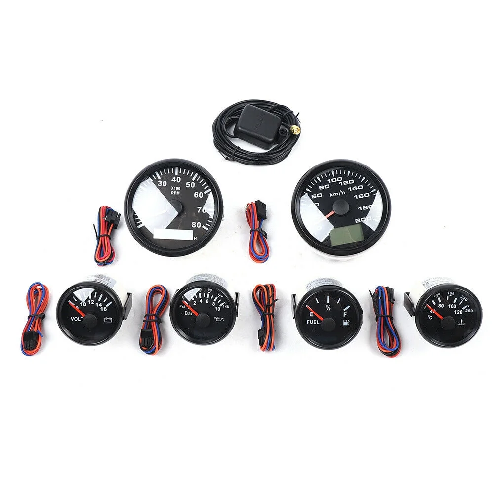ZhdnBhnos Universal 6 Gauge Set Digital Speedometer Tacho Fuel Level Gauge Water Temp Volts Oil Pressure For Car Marine Boat Truck Black