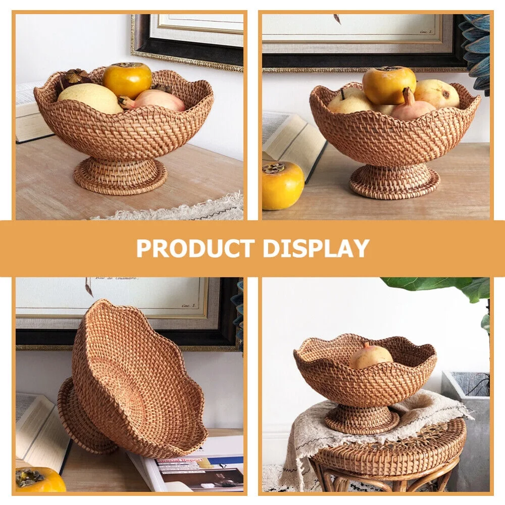 Rattan Fruit Plate Pedestal Display Basket Wicker Snack Trays