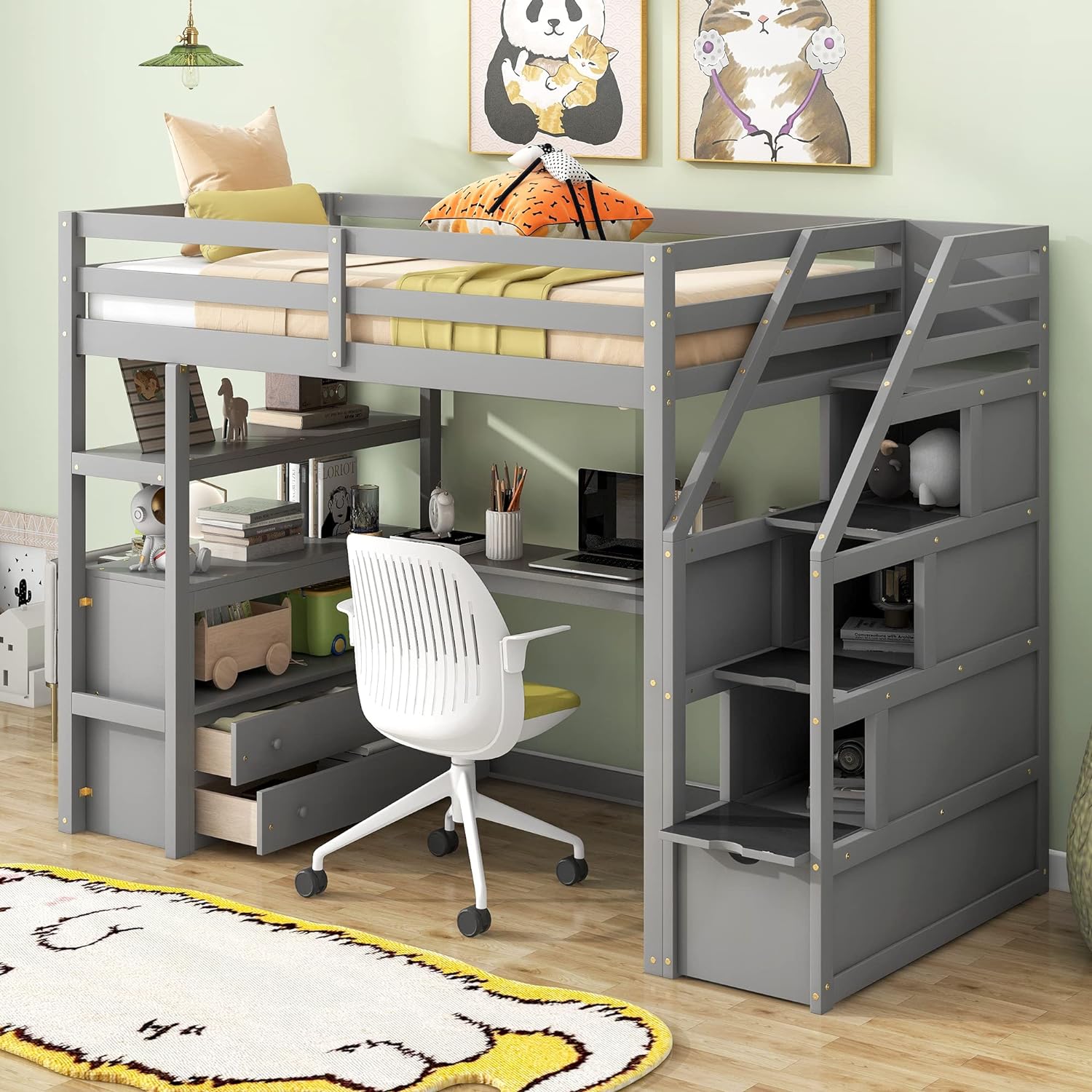 Size Loft Bed With Stairs And Desk, Solid Wood Loft Bed With Bookshelf And Drawers, High Loft Bed Frame With Storage Staircase For Kids Teens, Gray
