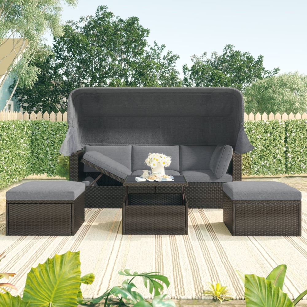 Holaki Outdoor Patio Rectangle Daybed with Retractable Canopy, Wicker Furniture Sectional Seating with Washable Cushions, Gray