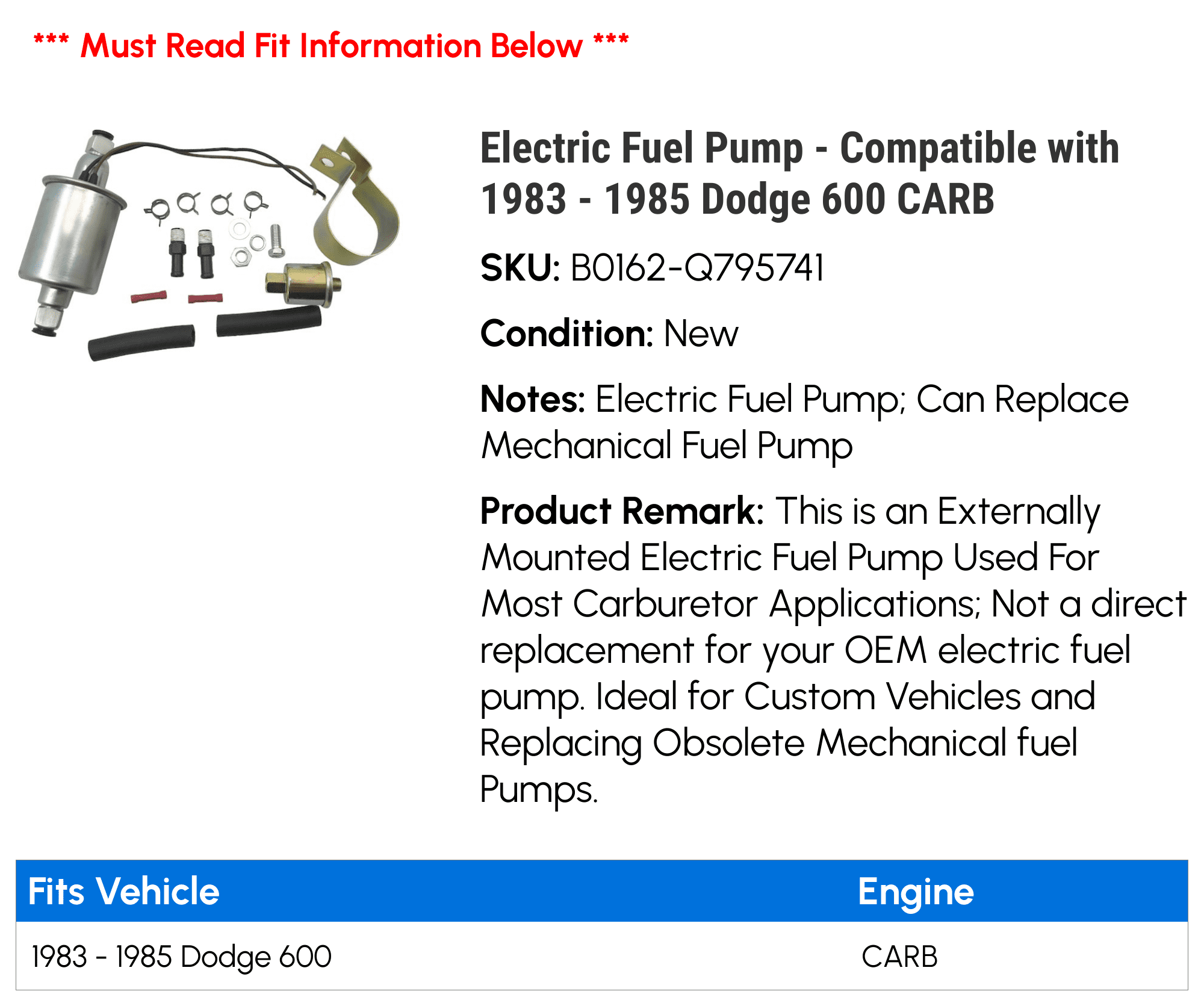 Electric Fuel Pump - Compatible with 1983 - 1985 Dodge 600 CARB 1984