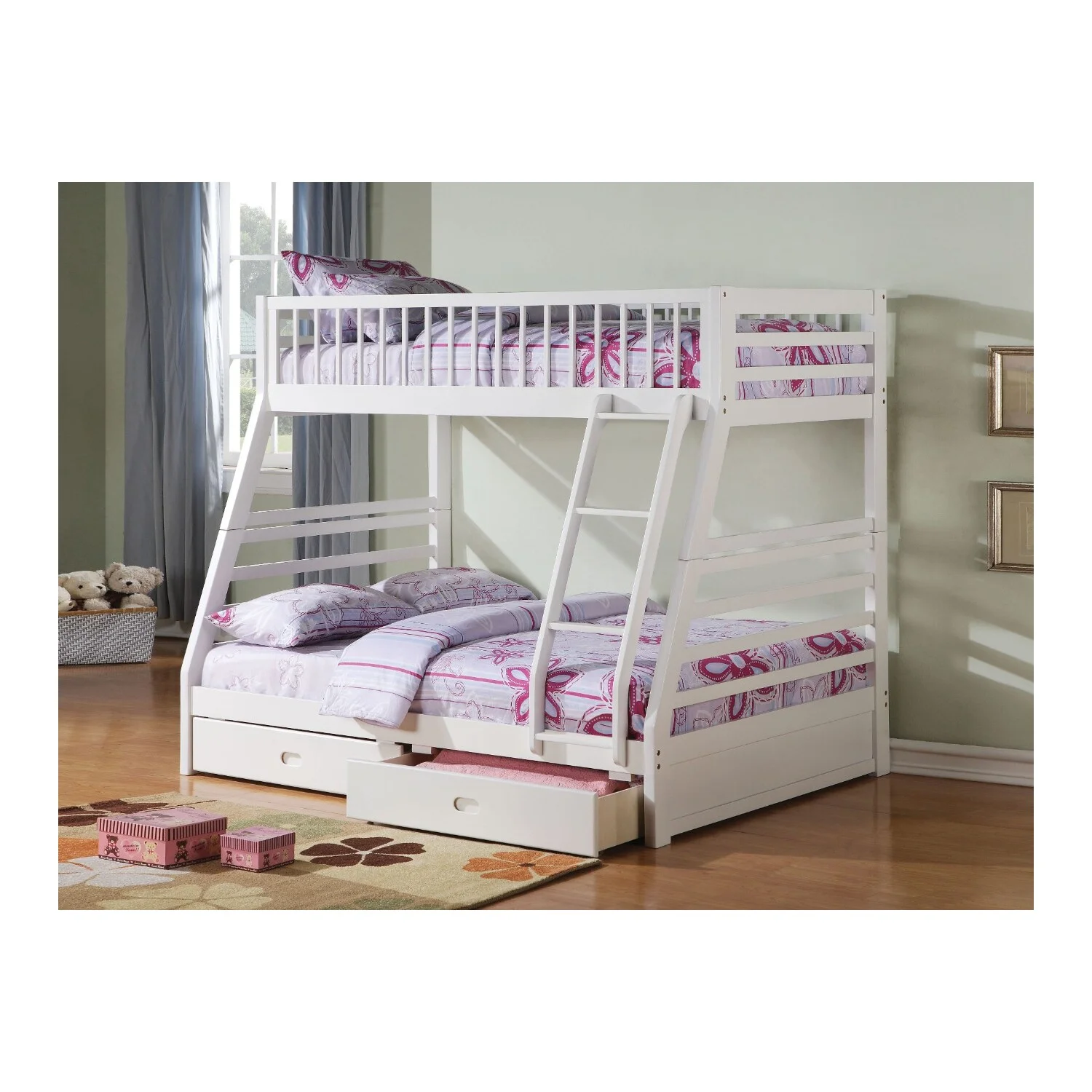 Wooden Twin/Full Bunk Bed with Drawers in White
