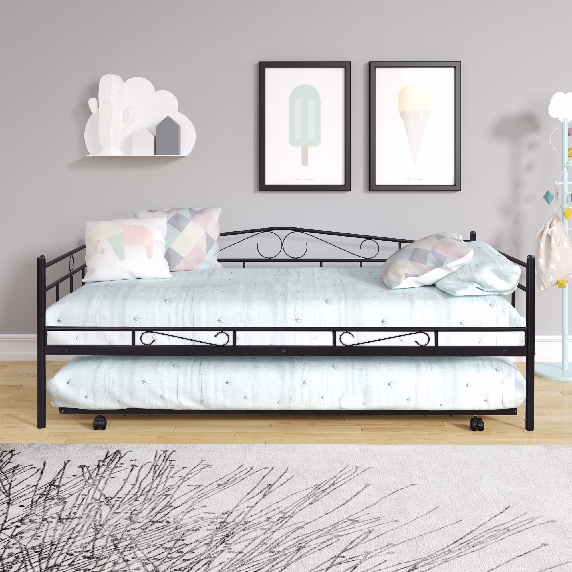 Metal Twin Daybed and Trundle Frame Set Twin Metal Slat Support Daybed and Roll Out Trundle Accommodate Twin Size Mattresses for Guest, No Spring Box Needed