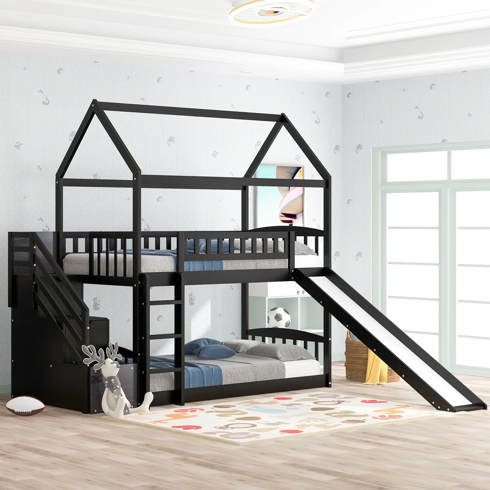 Espresso Twin Over Twin House Bunk Bed with Two Drawers and Slide