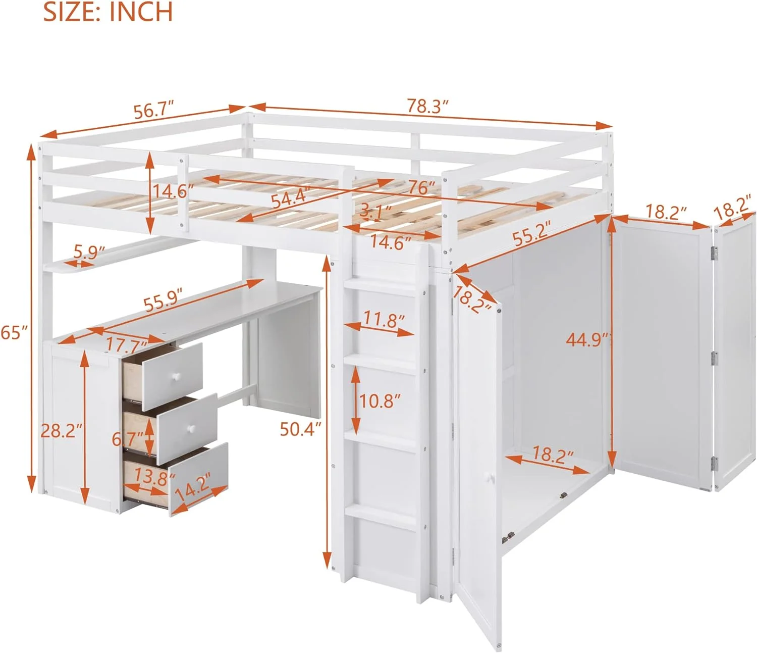 Full Size Loft Bed With Desk And Wardrobe, Solid Wood Loft Bed Frame With Storage Drawers, For Kids Teens Adults (Full, White)