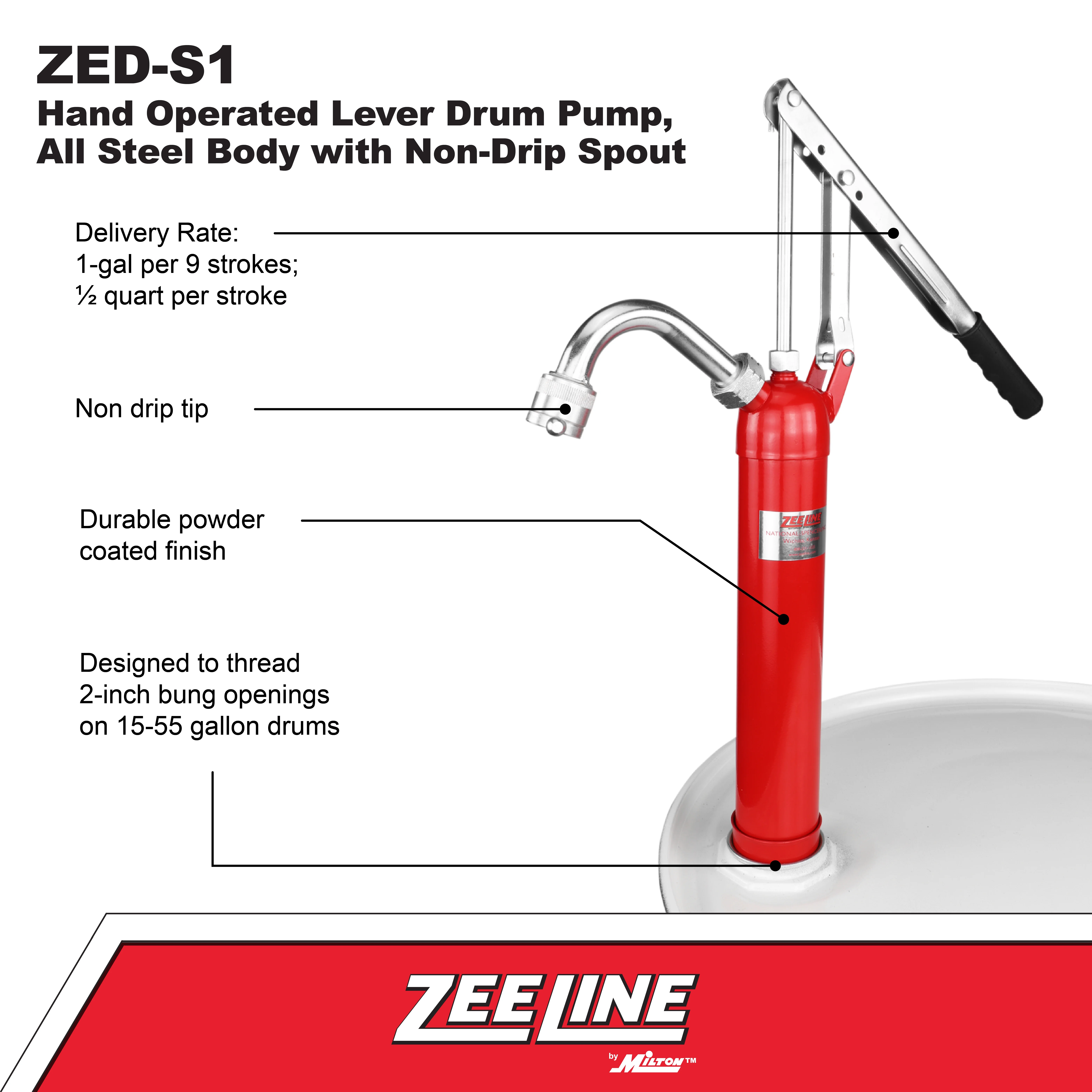 Hand Operated Lever Drum Pump, All Steel Body With Non-Drip Spout (1 Gallon Per 9 Strokes)