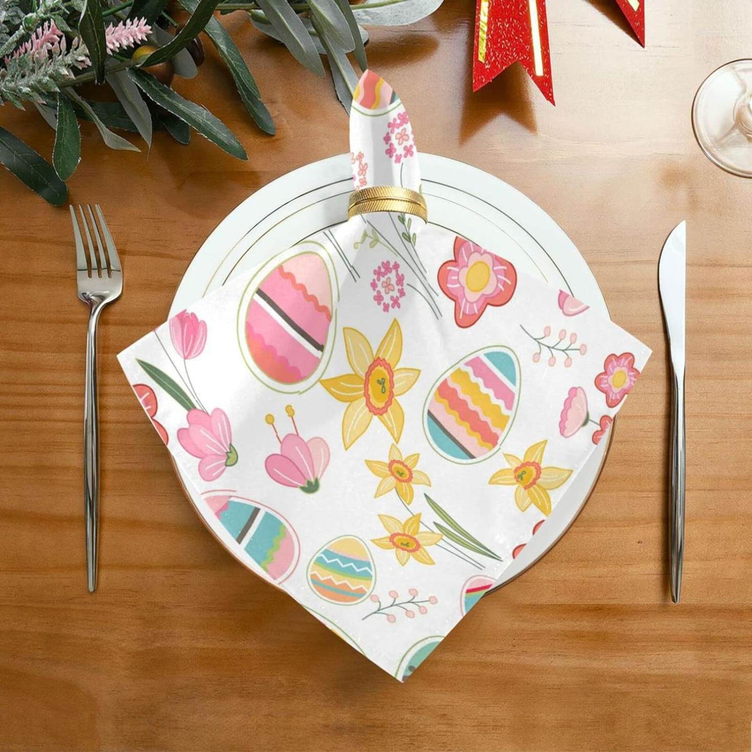 Coolnut Easter Flower Eggs Cloth Napkins Set of 6,Reusable Washable Polyester Dinner Table Napkins for Family,Kitchen,Dining,Party Decor
