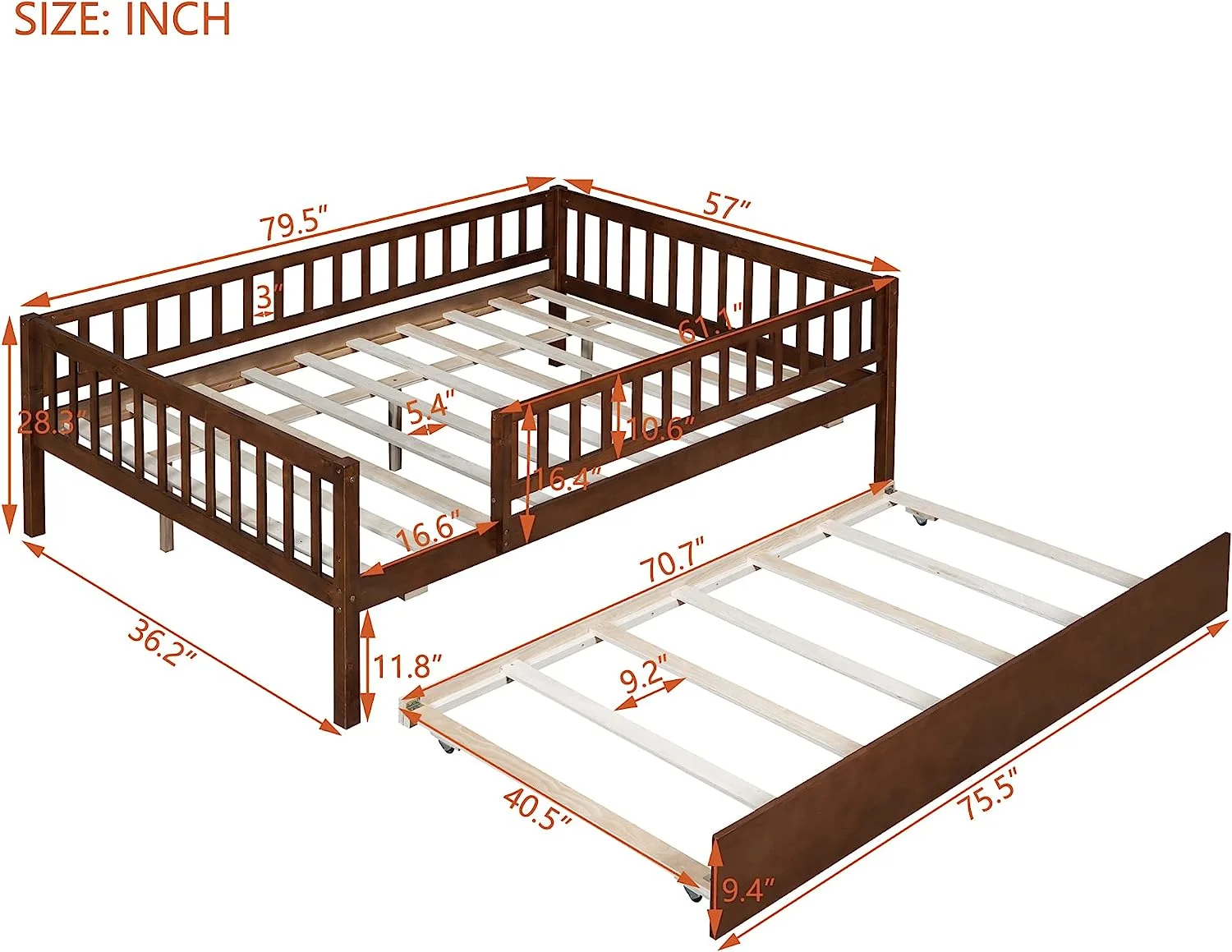Full Size Daybed With Trundle, Wood Kids Full Platform Bed Frame With Rails, No Box Spring Needed, Easy Assembly (Full Size, Walnut)