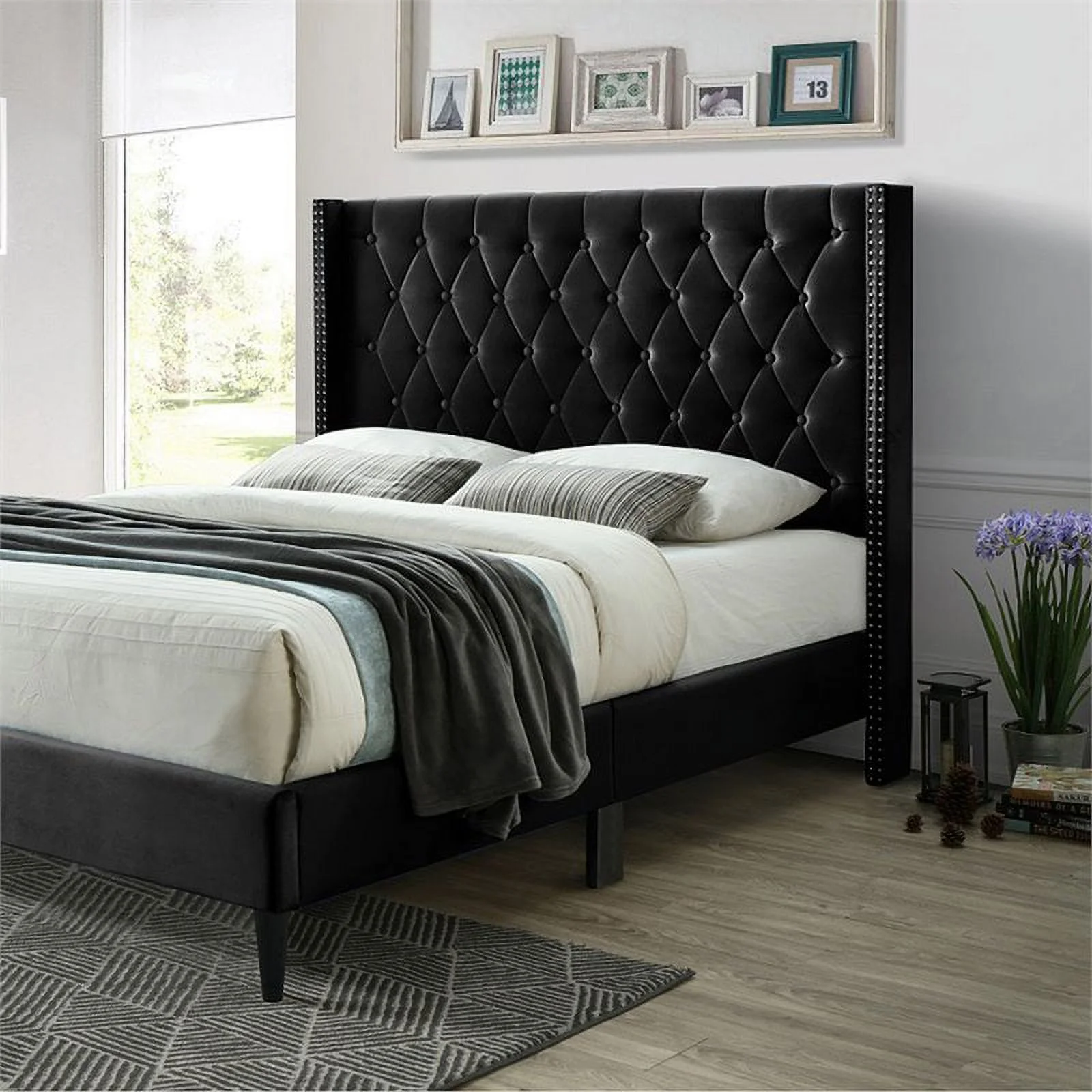 Home Square 2-Piece Set with Tufted Queen Bed & 5-Drawer Tall Chest Wardrobe