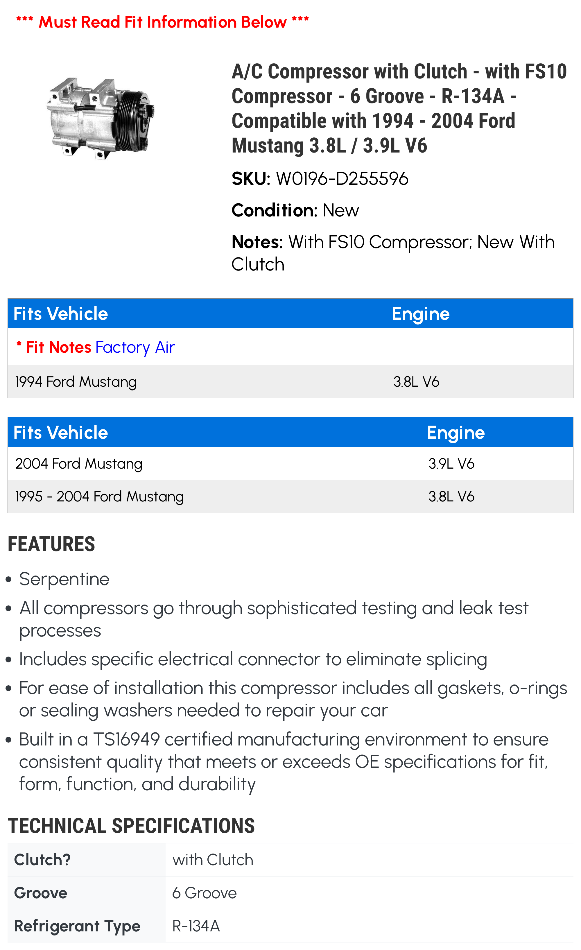 A/C Compressor with Clutch - with FS10 Compressor - 6 Groove - R-134A - Compatible with 1994 - 2004 Ford Mustang 3.8L / 3.9L V6 1995 1996 1997 1998 1999 2000 2001 2002 2003