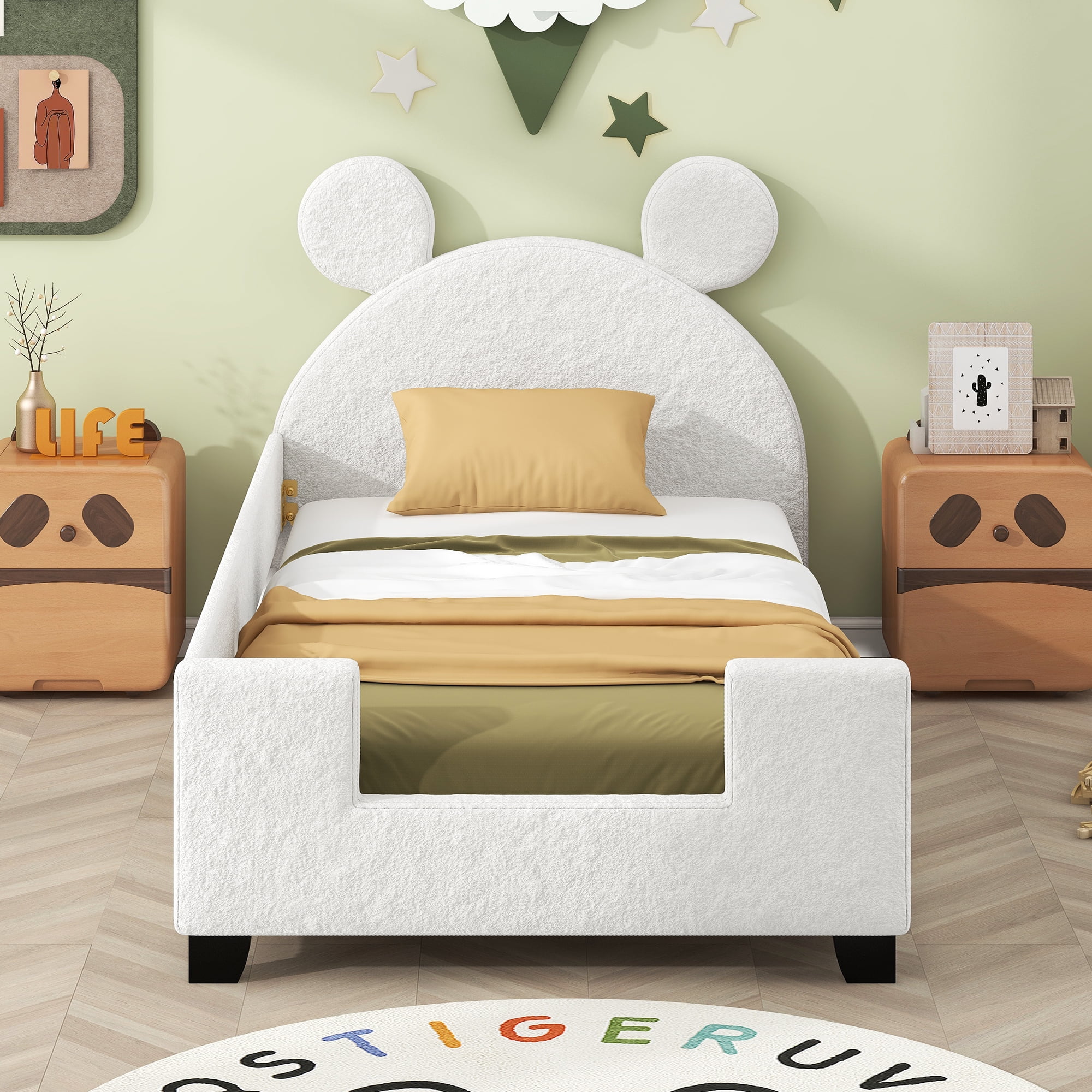 Teddy Fleece Twin Size Upholstered Platform Bed with Carton Ears Shaped Headboard, Upholstered Platform Bed Frame with Headboard, Easy to Assemble(White, Twin)