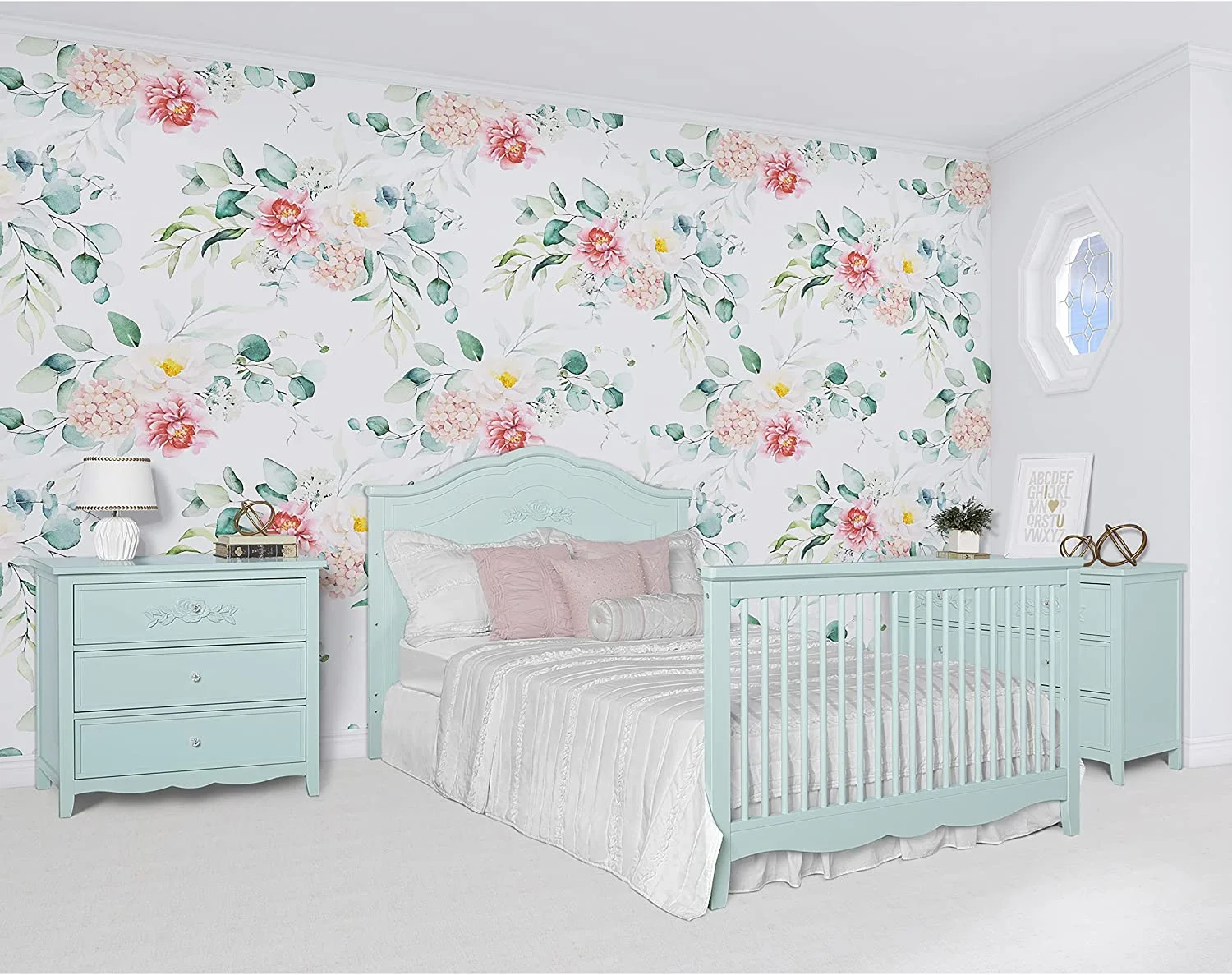 SweetPea Baby Rose 4-in-1 Convertible Crib in Seafoam Green, Baby Crib with Spindles, Greenguard Gold Certified, Easy Assembly, Sustainable New Zealand Pinewood Sea Foam Green