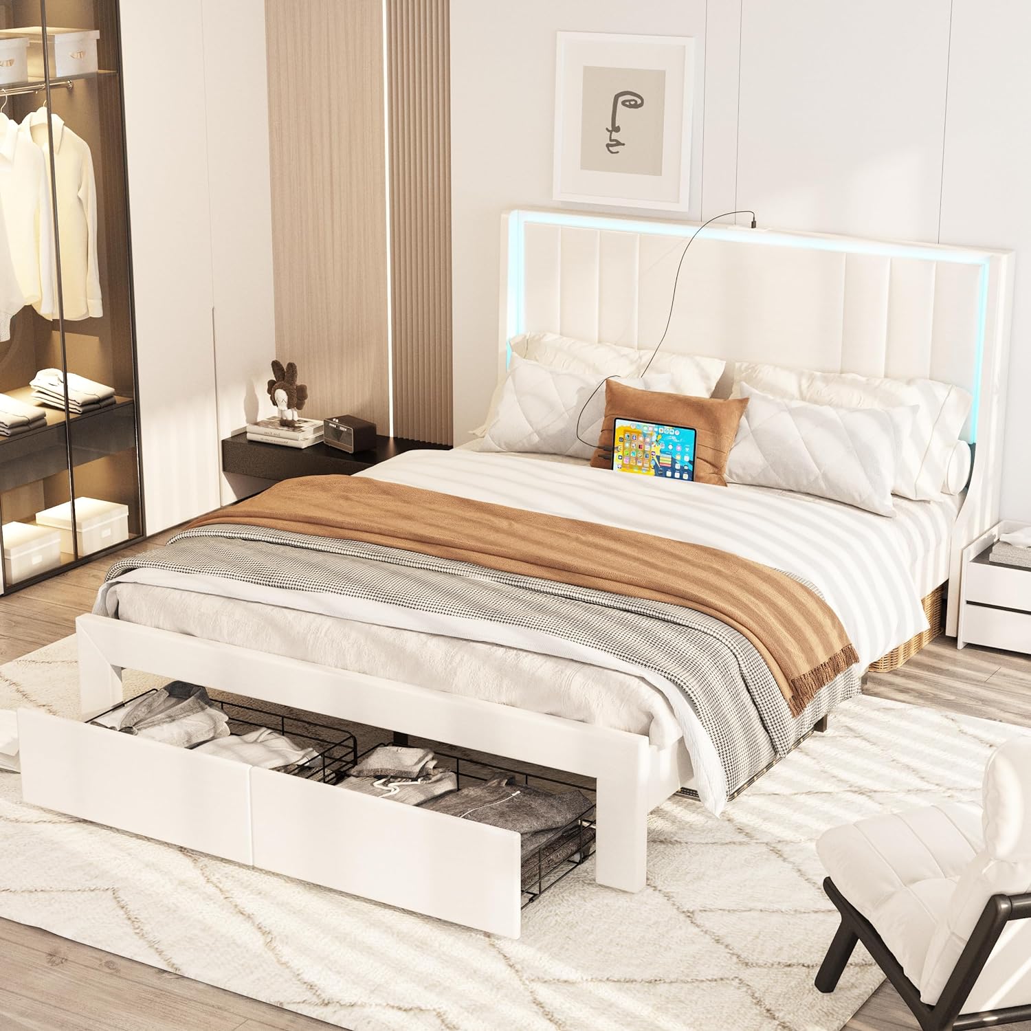 Vabches Queen Size Bed Frame with LED Light and 2 Hidden Storage Drawers with Leather Upholstered Headboard and Charging Station, Supported by Wooden Slats, Noise-Free, No Springs Needed, White