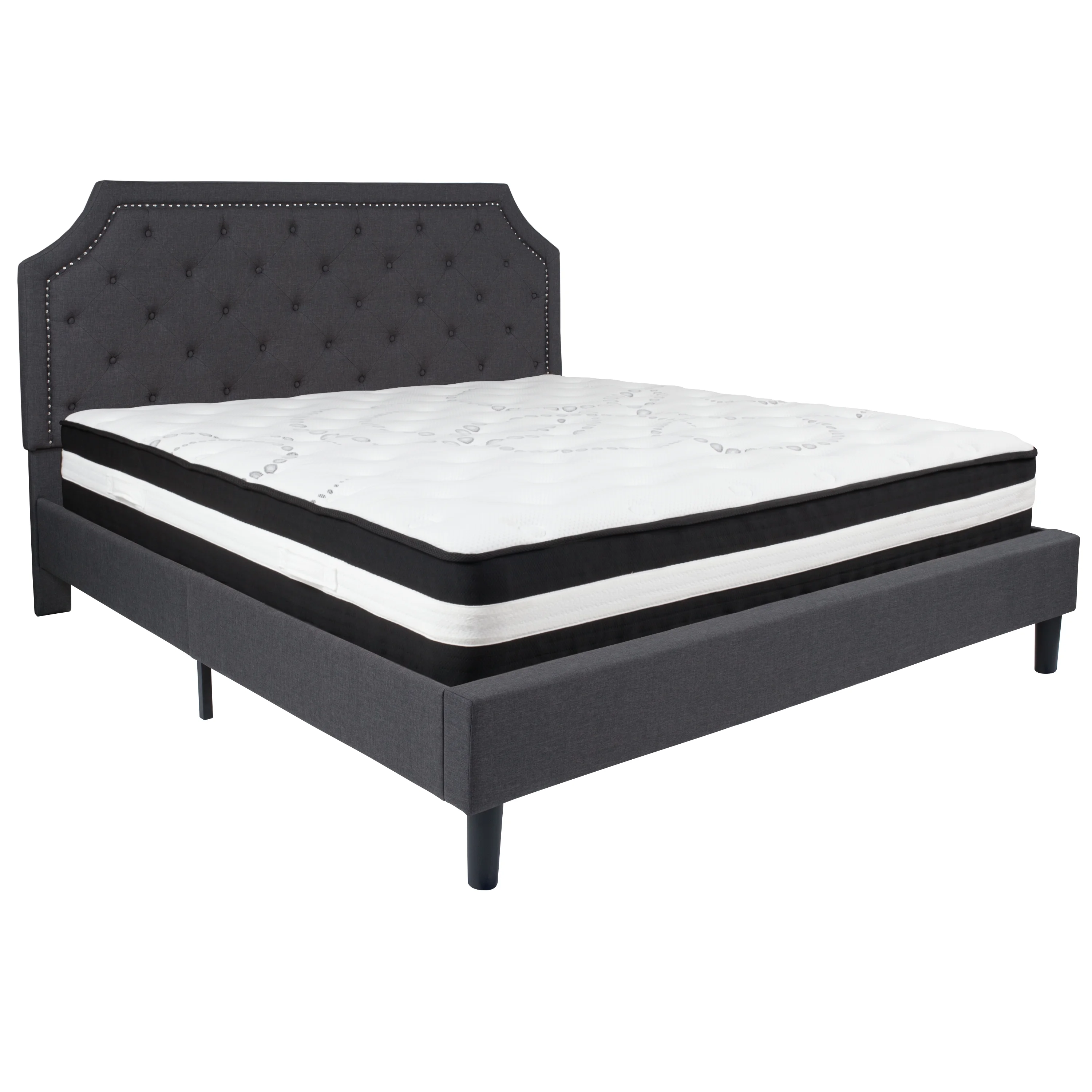 Emma + Oliver King Arched Tufted Platform Bed/Memory Foam Mattress in Dark Gray Fabric