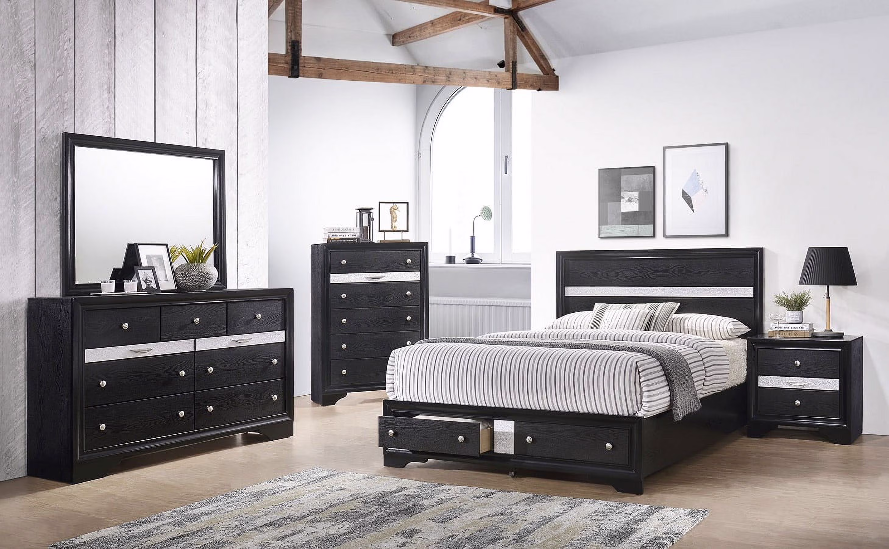 Contemporary 6pc Queen Size Storage Drawers Bed Set Black Silver Finish Wooden Bedroom Furniture