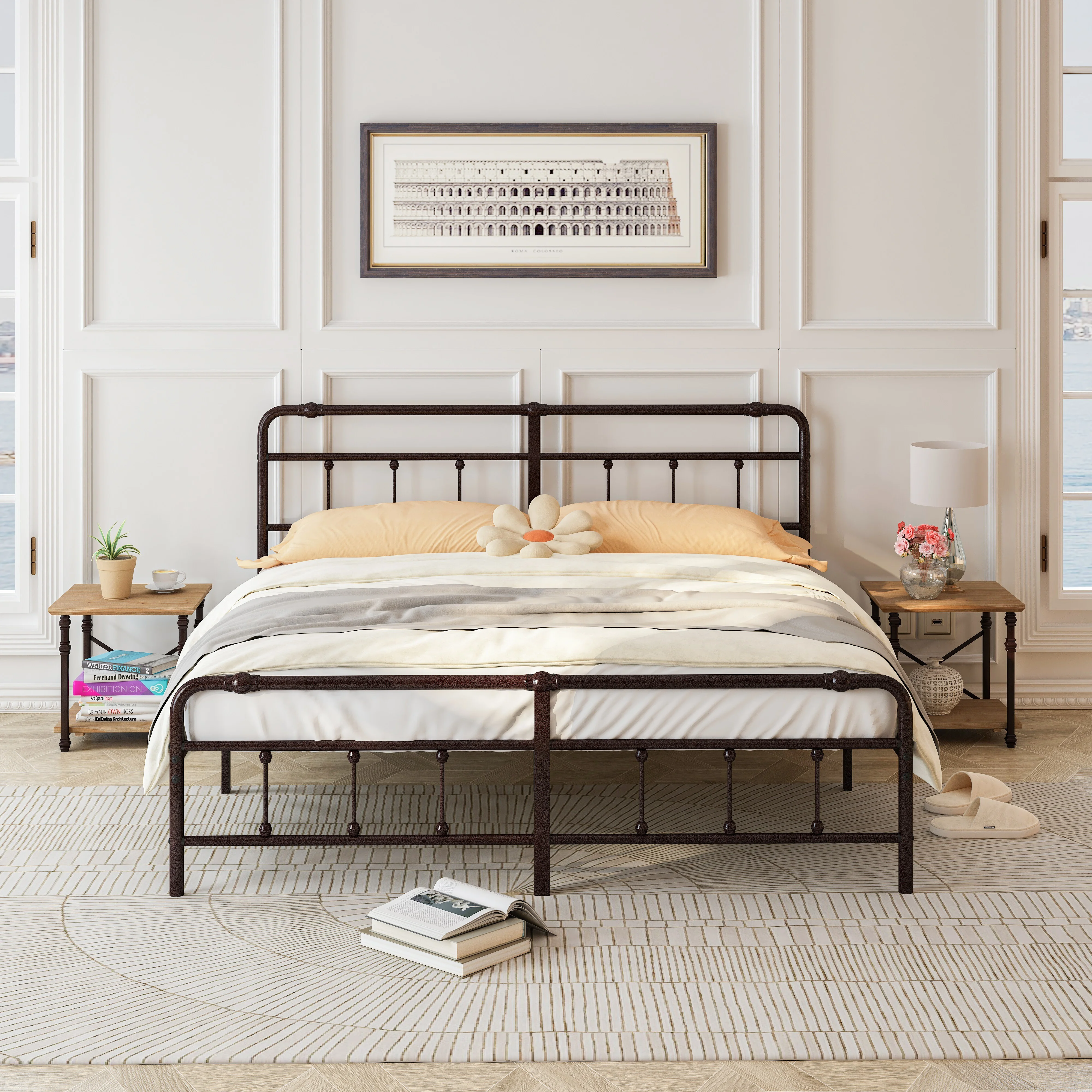 King Size Platform Bed Frame with Victorian Style Wrought Iron-Art Headboard - Sturdy Metal Bedframe