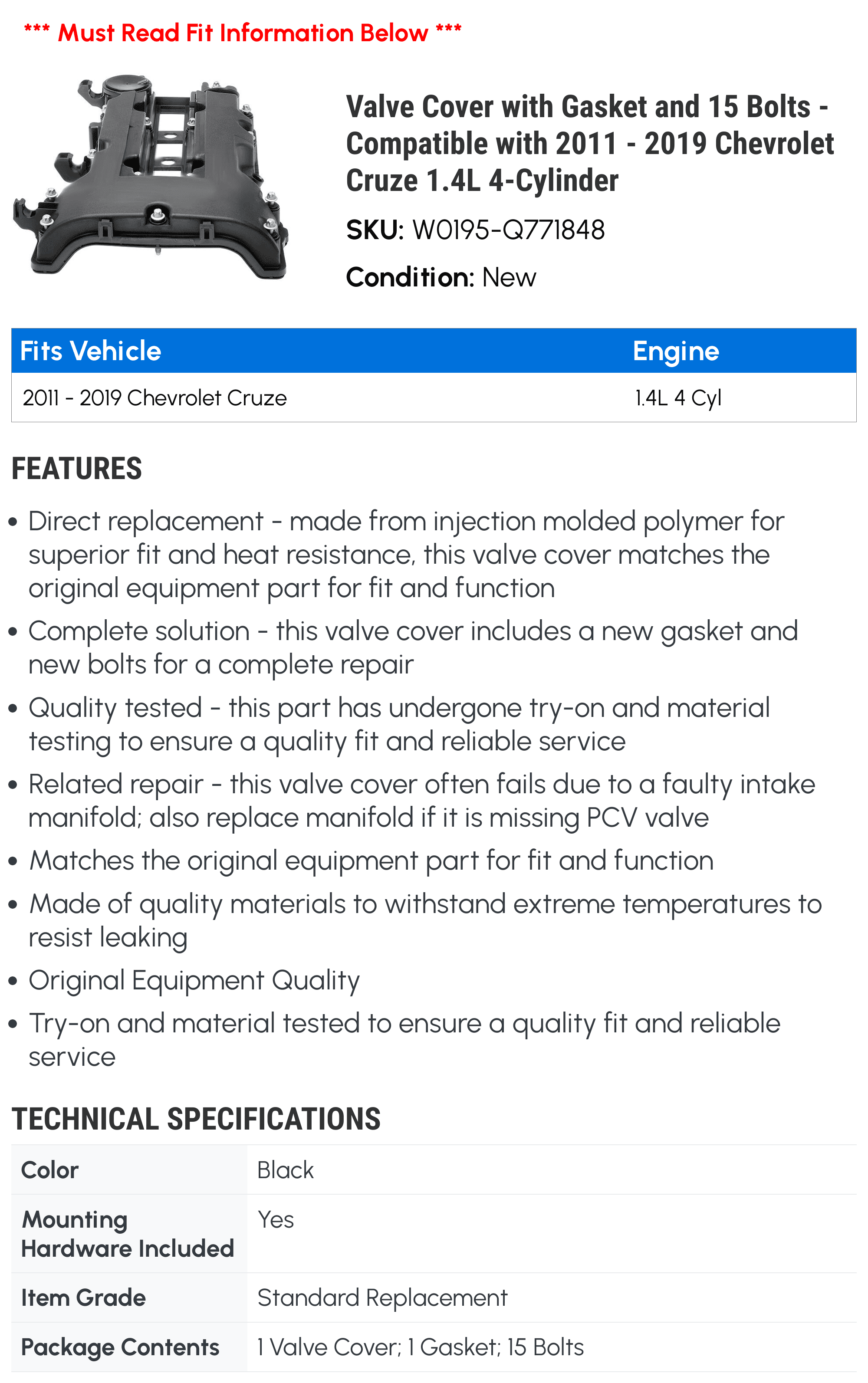 Valve Cover with Gasket and 15 Bolts - Compatible with 2011 - 2019 Chevy Cruze 1.4L 4-Cylinder 2012 2013 2014 2015 2016 2017 2018