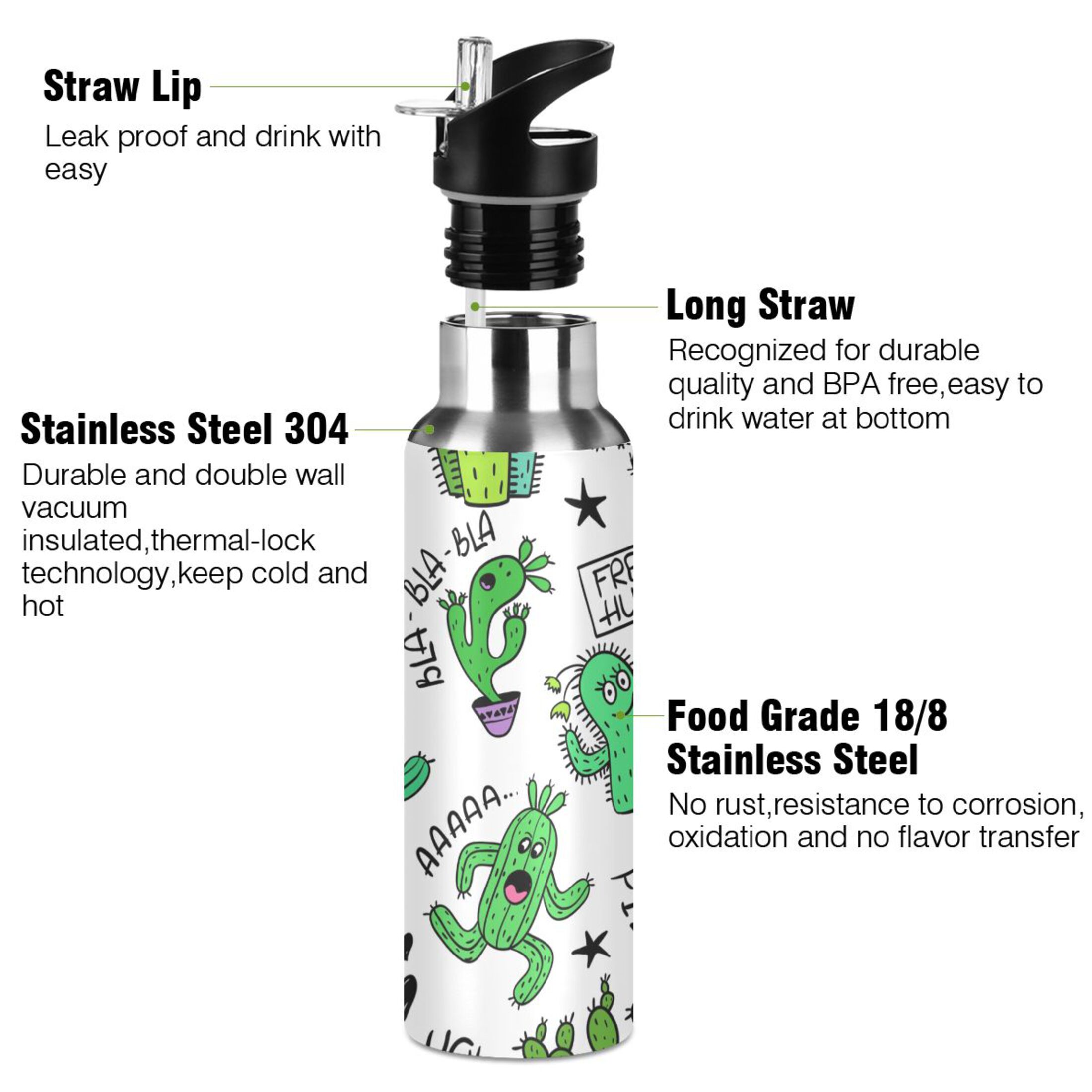 Water Bottle with Straw Lid Leak Funny Cartoon Cactus N Succulent Plant Stainless Steel Insulated Thermos Vacuum Flask for Cold Hot Drinking for Sports Camping Gym Yoga