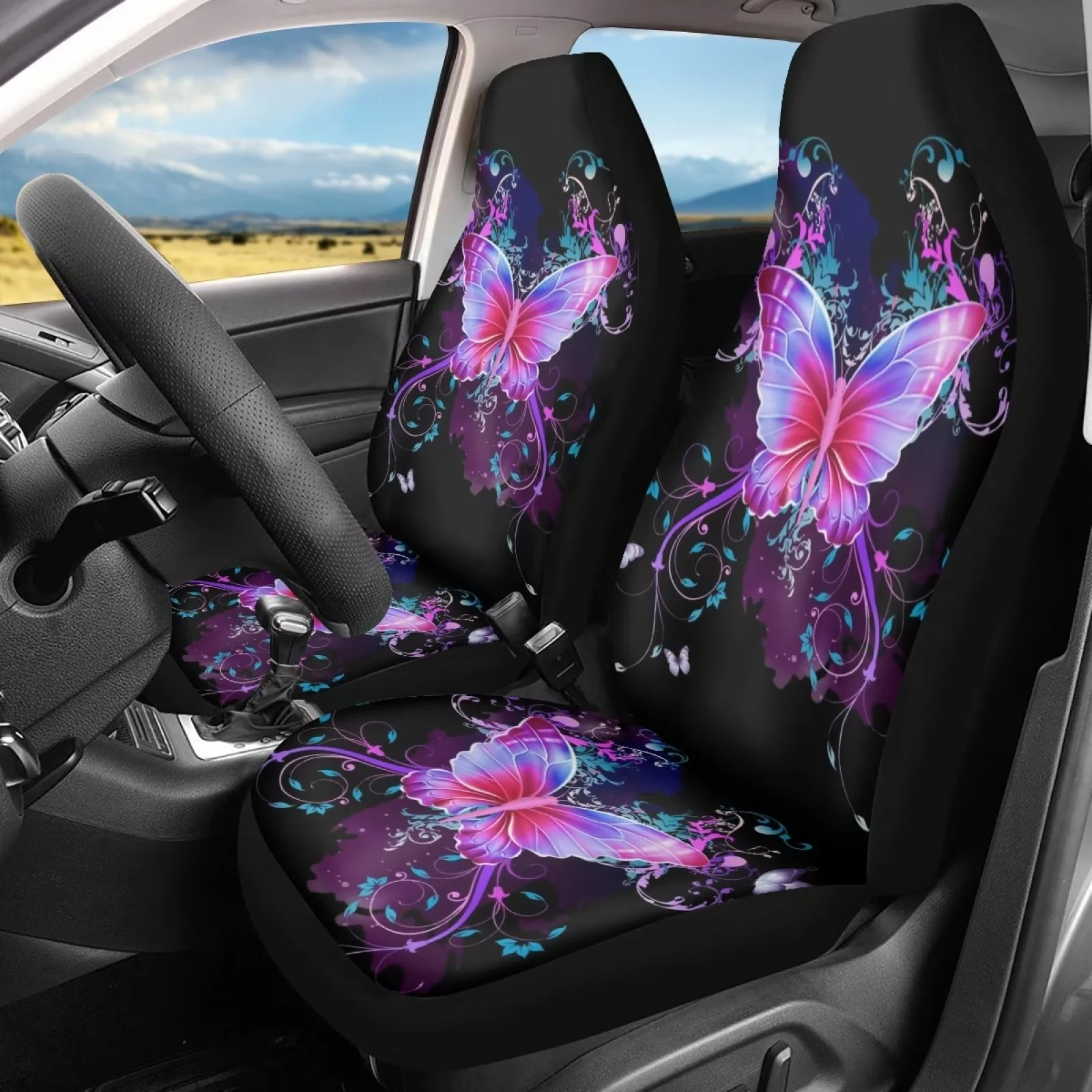 FKELYI Floral Butterfly Front Car Seat Covers Full Set for Women Men,2 Packs,Auto Front Seat Covers,Universal Car interior Accessories for Almost Car,Truck,Van,SUV