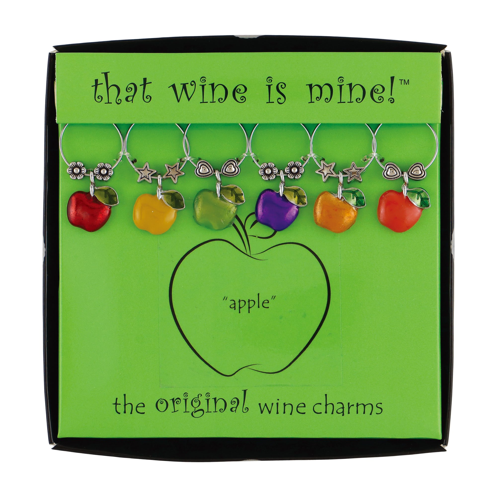 Wine Things 6-Piece Wine Charms/Wine Glass Tags/Drink Markers for Stem Glasses, Wine Tasting Party (Apple)