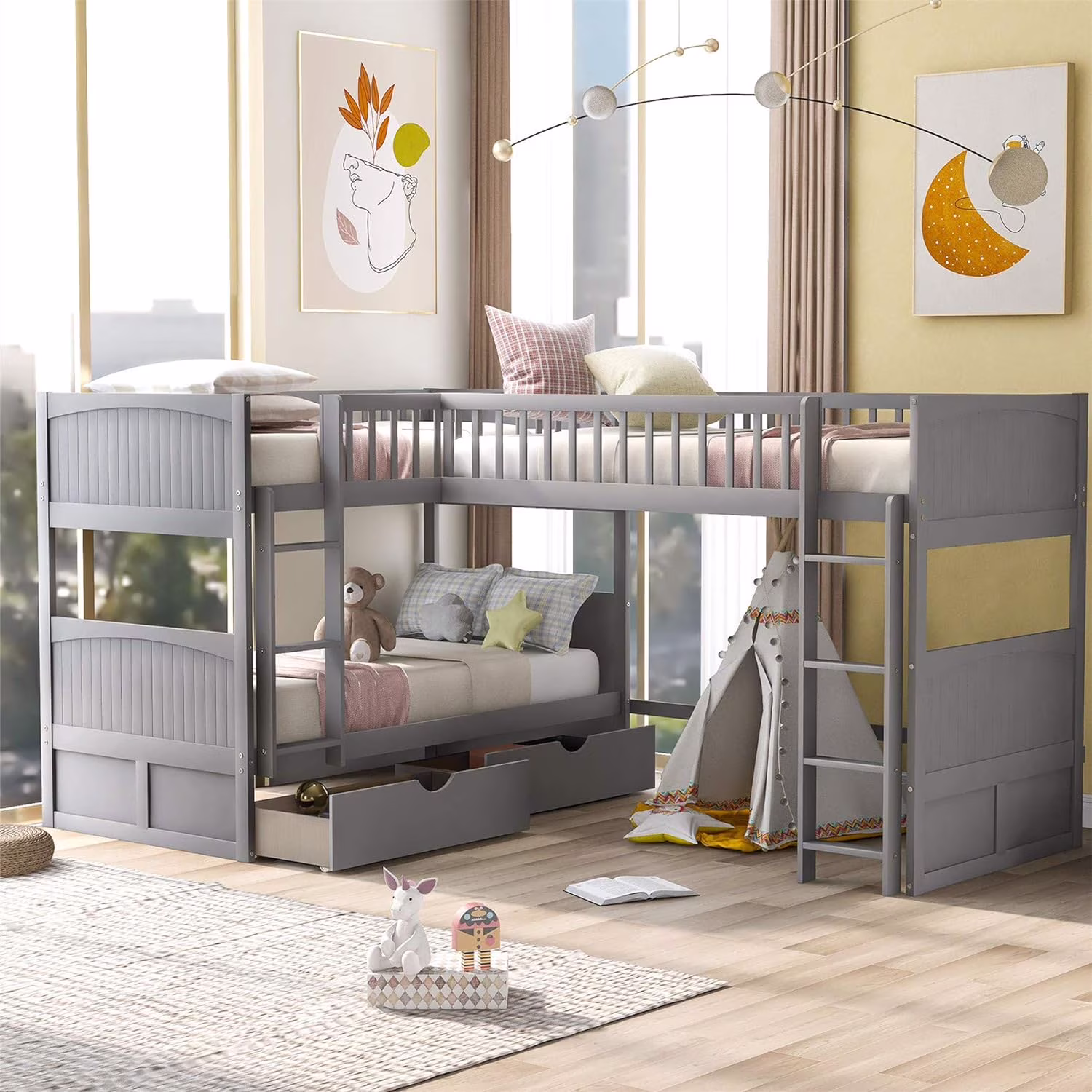Triple Bed, L Shaped -Over- Buk Bed Attached A Loft Bed,Wood Buk Beds With 2 Drawers Ad 2 Ladders, 3 Bed Buk Beds For Kids,Tees,Grey