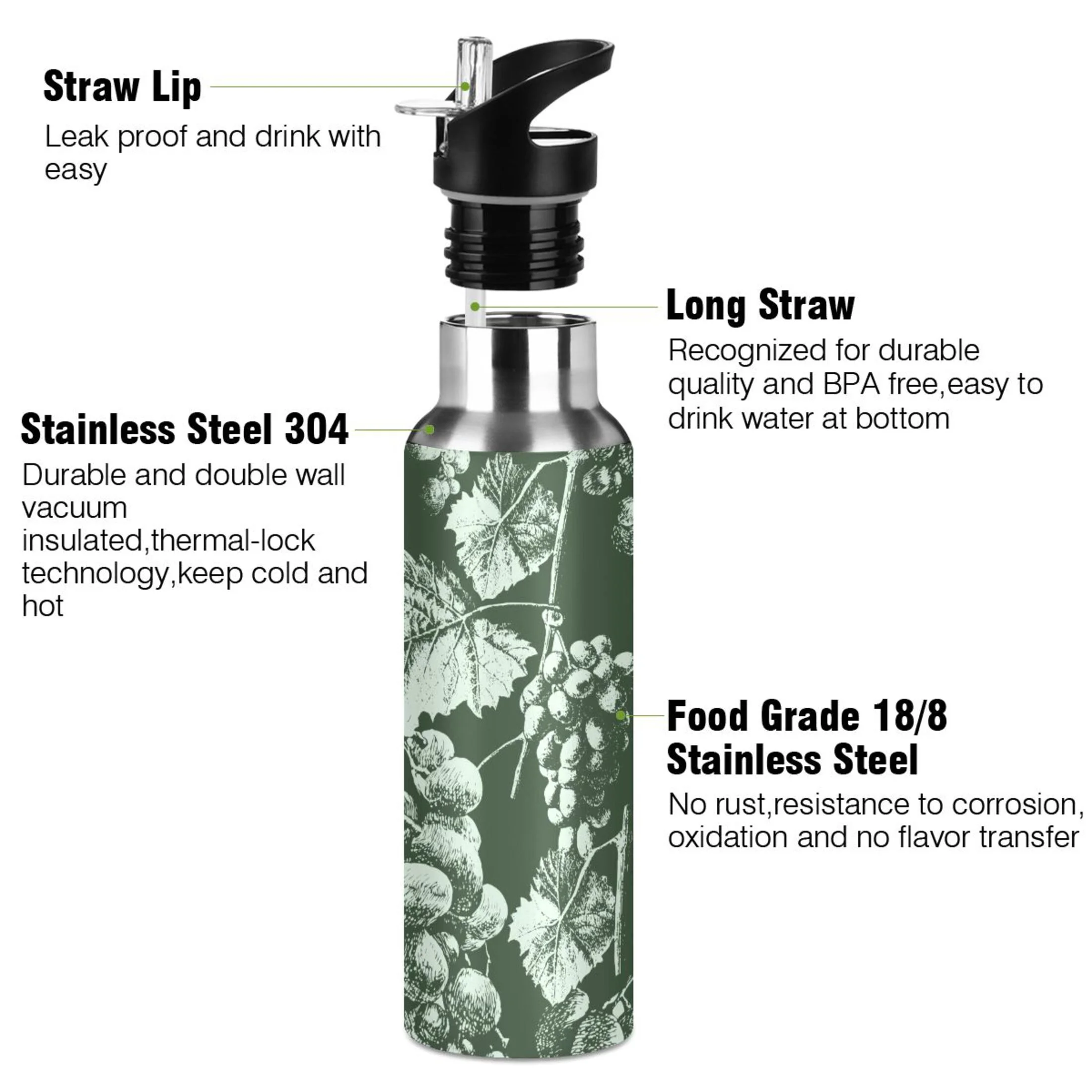 Stainless Steel Water Bottle Grunge Grapes and Leaves Green with Straw Lid Vacuum Insulated Leak Proof Flask Jug for Gym Travel Sports Cycling Outdoor 20 OZ