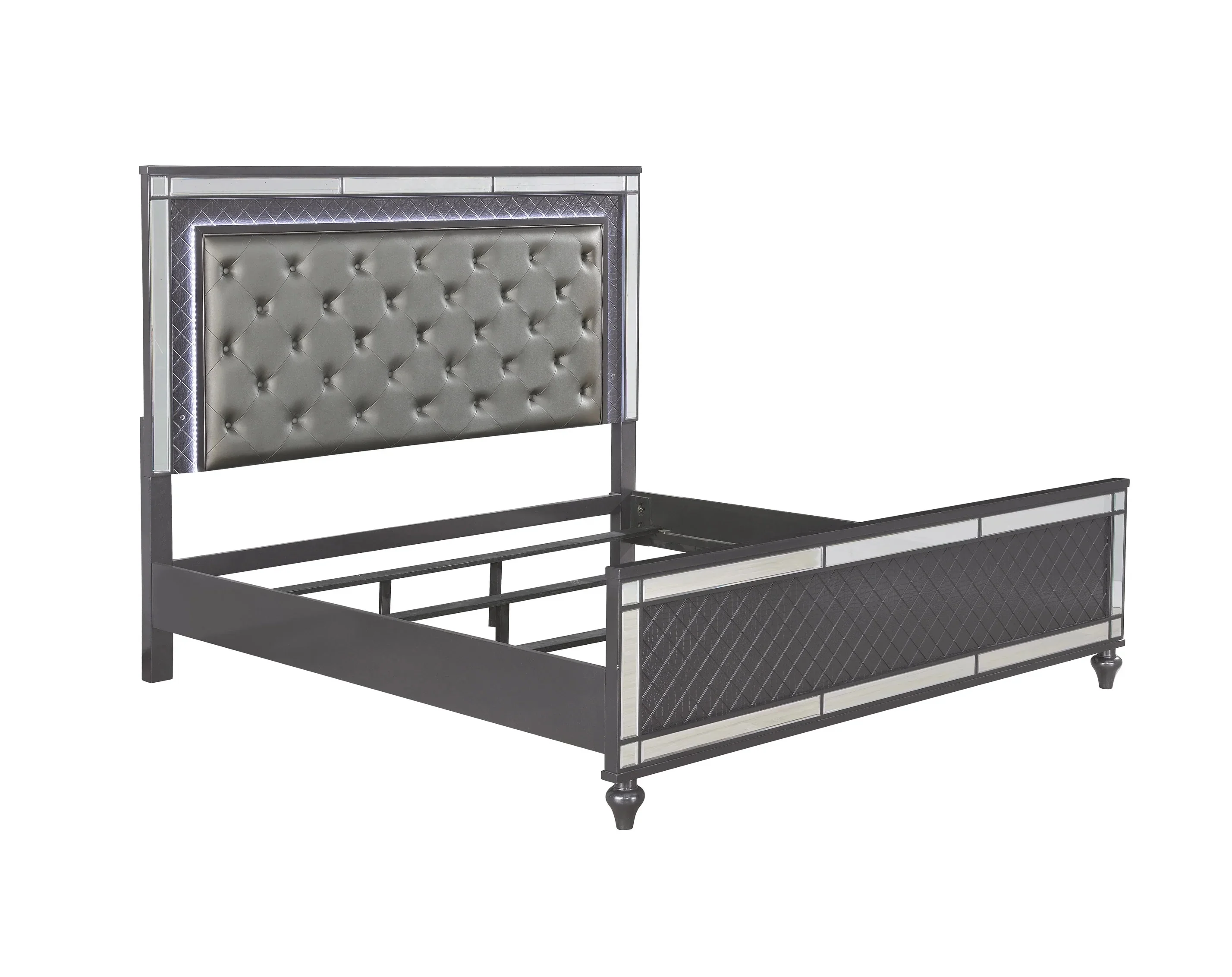 1Pc Contemporary King Size Upholstered Tufted LED Headboard Bed Glam Luxury Solid Wood Furniture Gray Finish