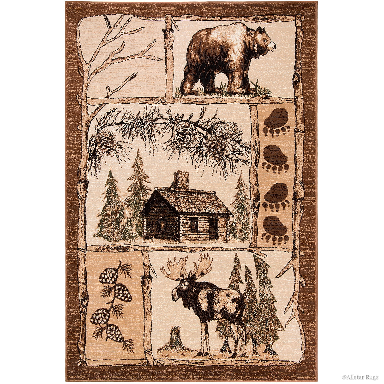 Brown Cabin with Moose and Bear Animal Wildlife Area Rug (3' 9