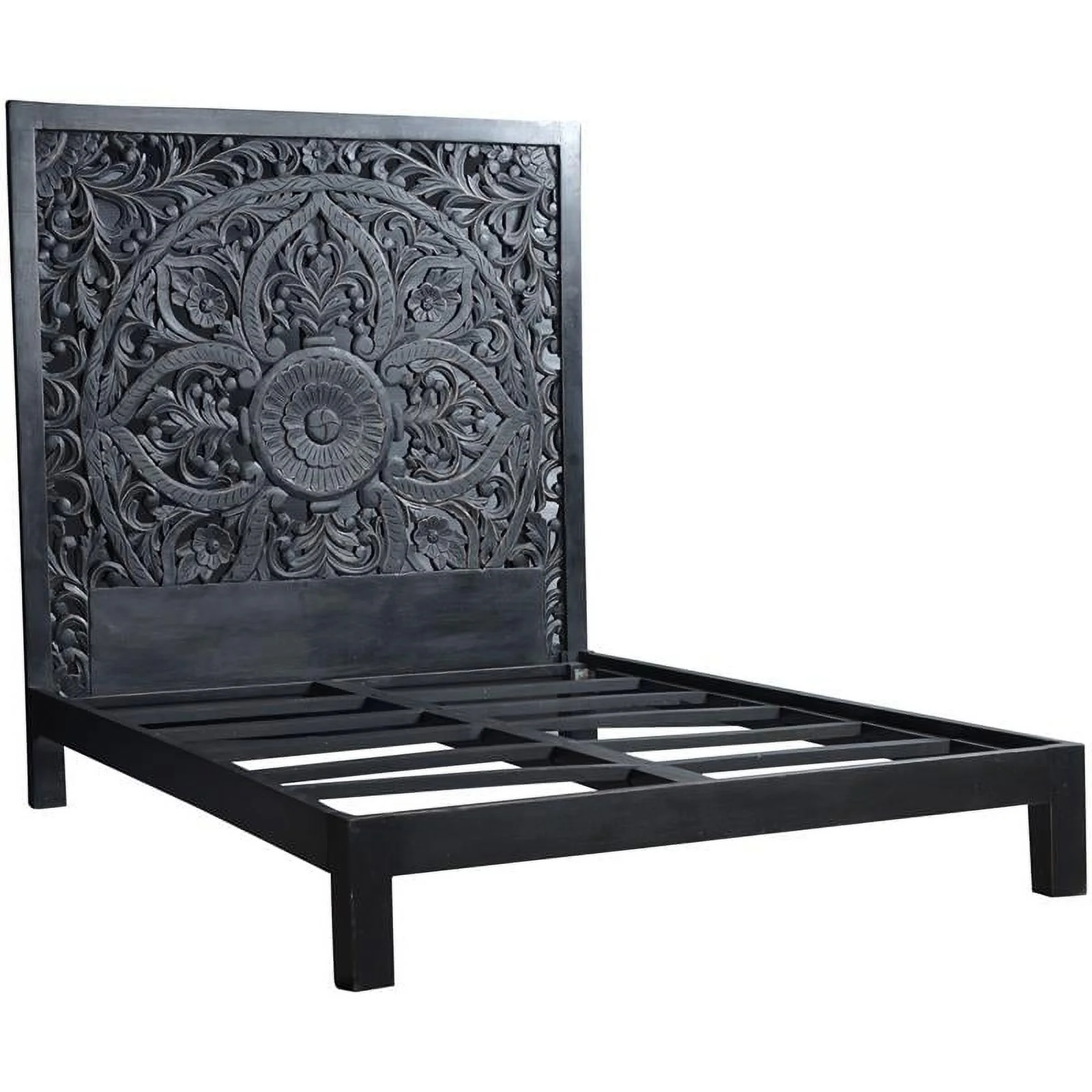 Lombok Hand Carved Floral Queen Bed - Black