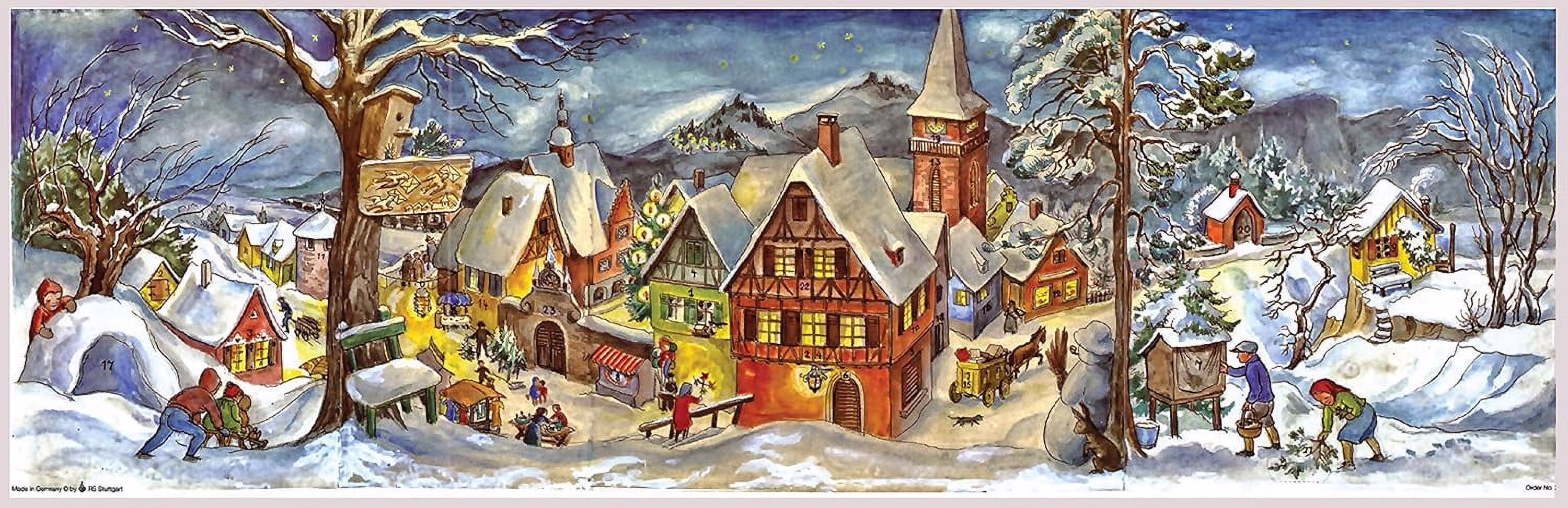 265 Calendrier De L'avent Panoramique Avec Paillettes Et Fenêtre Transparentes Motif Village Sous La Neige 213 X 650 Mm