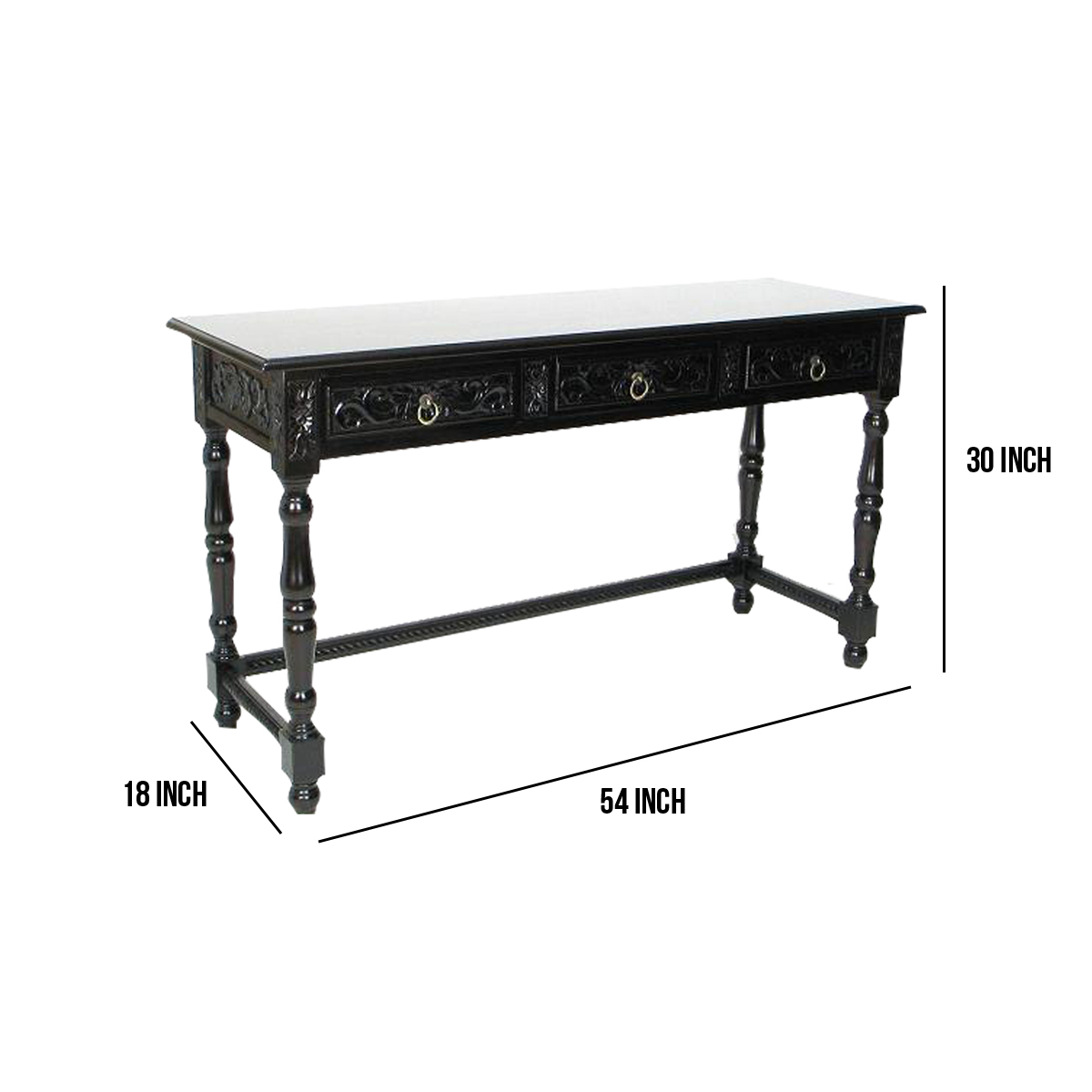 Benjara BM213517 Wooden Console Table with Carved Details & Turned Legs - Black