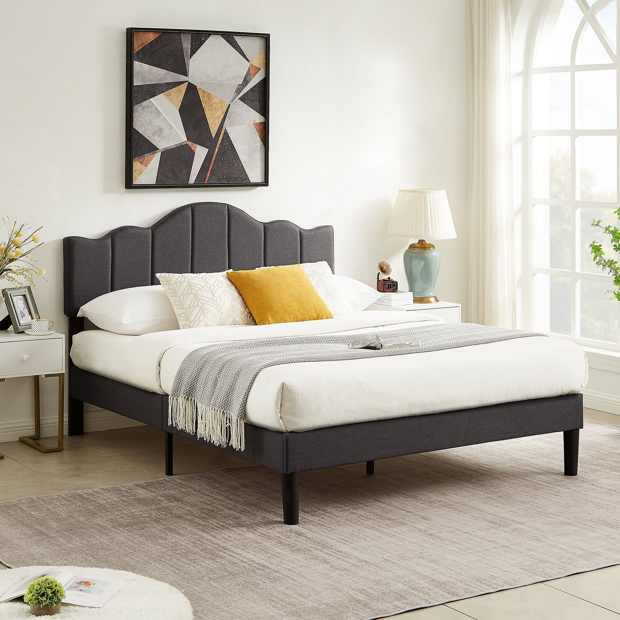 Modern Upholstered Bed Frame with Height Adjustable Headboard(Dark Grey,Blue,Beige ) Beige Full