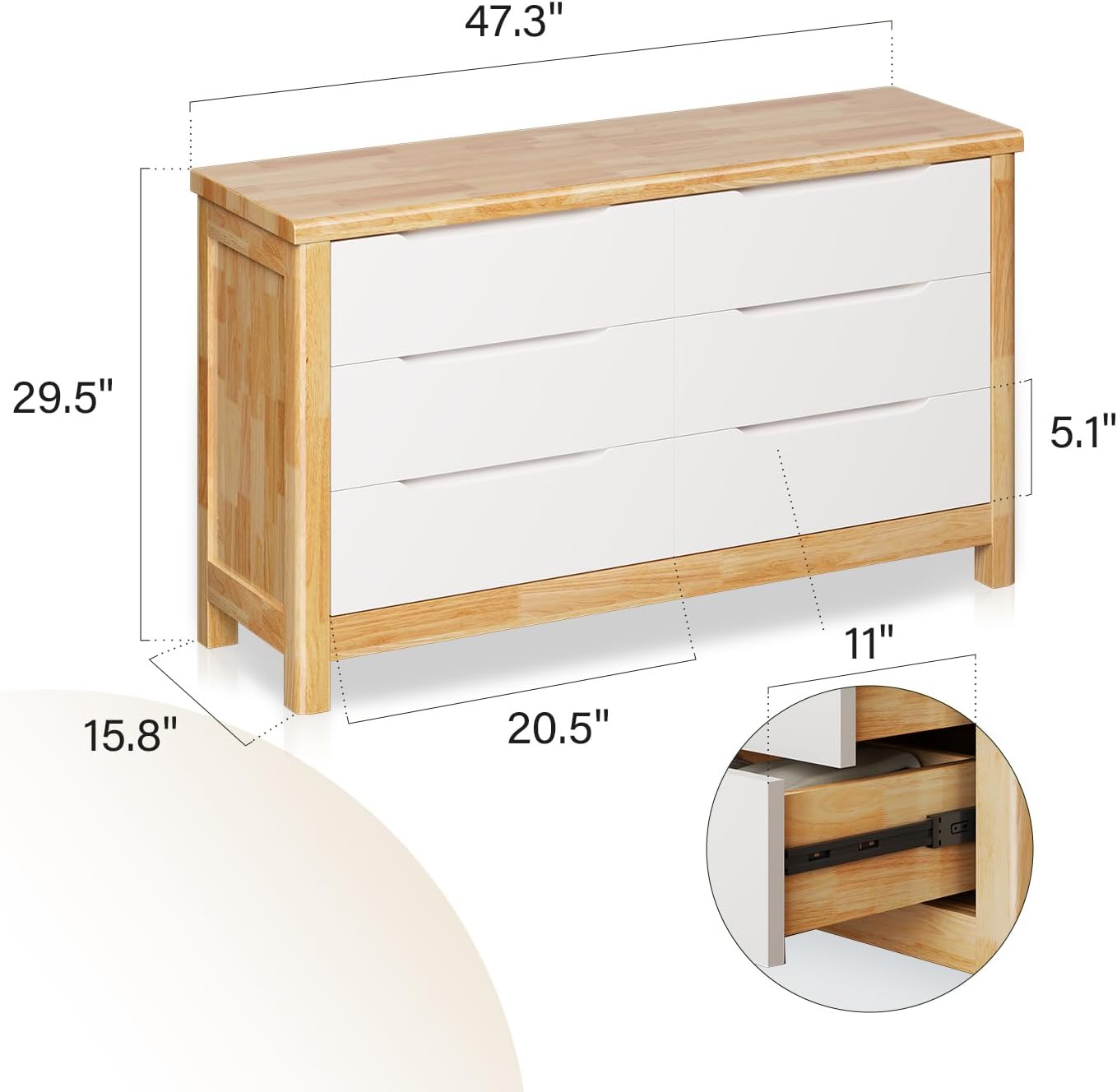 YINCHEN 6 Drawer Dresser, Large Double Solid Wood Dresser Modern Dresser Drawer Organizer with 6 Chest of Drawers for Bedroom, Kids Bedroom, Living Room, Hallway, White