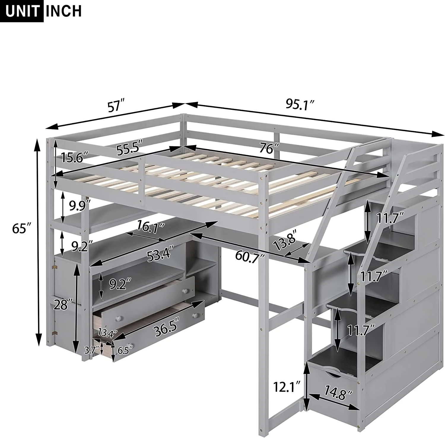 Full Size Stairway Loft Bed High Study Loft Bed w/Desk,Drawers &Shelves for Teen Adult,Multi-functional Dorm Bed Wooden Bedframe w/Cubbies &Storage Staircase for Bedrooom, No Box Spring Needed (Grey)
