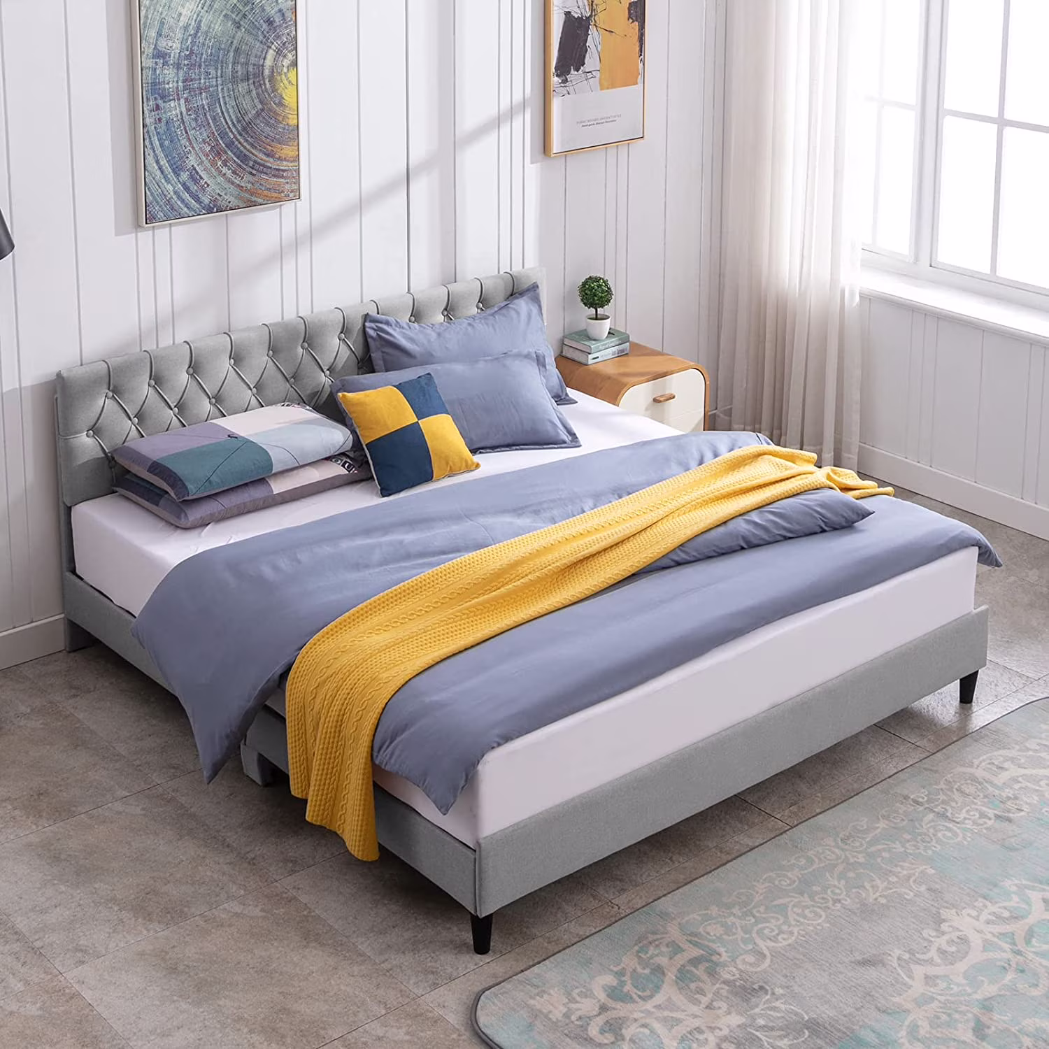 Mixoy King Size Platform Bed Frames,Upholstered Linen Bed Frame with Button Tufted Headboard,Wood Slat Support,Noise-Free, No Box Spring Needed,Easy Assembly(Light Grey)