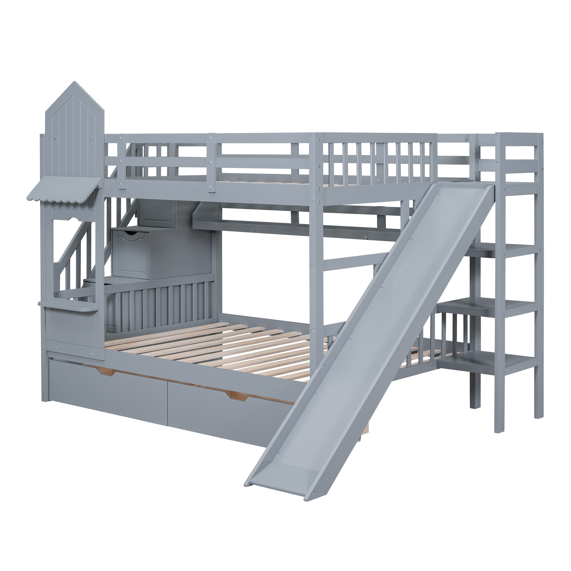 Full-Over-Full Castle Style Bunk Bed with 2 Drawers 3 Shelves and Slide - Gray
