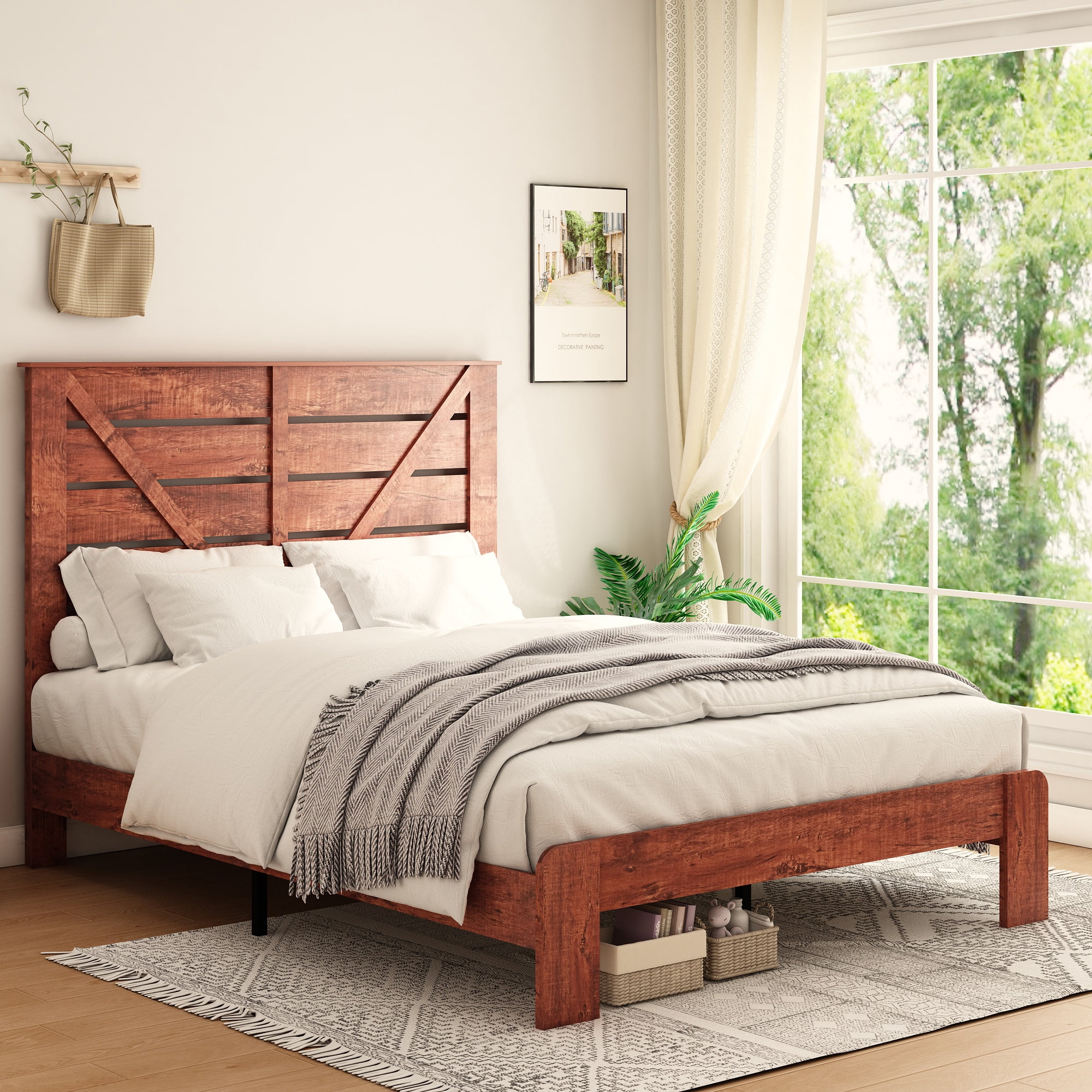 CoSoTower King Bed Frame Headboard , Wood Platform Bed Frame , Noise Free,No Box Spring Needed and Easy Assembly Tool,Large Under Bed Storage, Vintage Brown