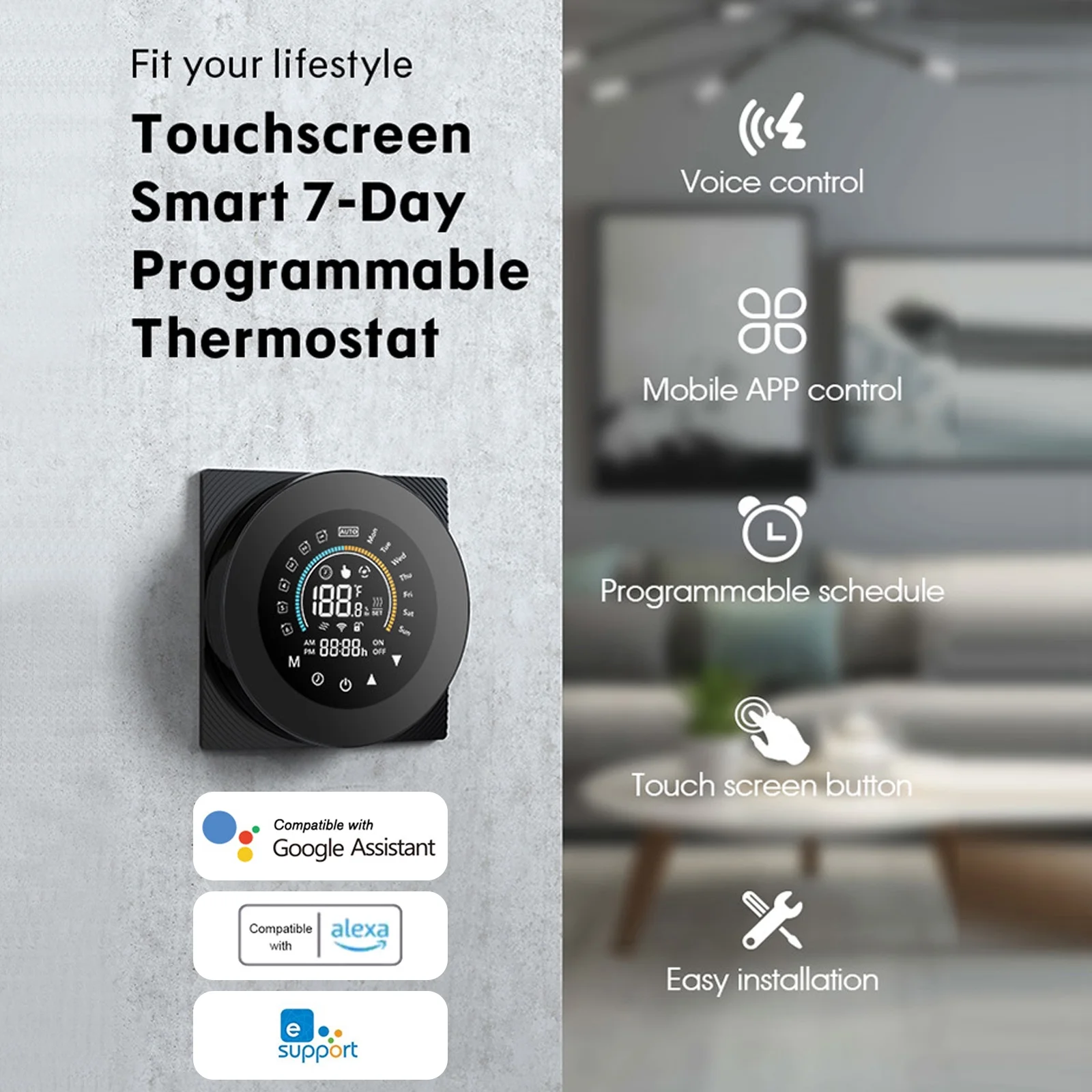 eWelink WiFi Smart Thermostat for Water/Gas Boiler Digital Temperature Controller Large LCD Display Touch Button Voice Control Compatible with Assistant & /Xiaodu/Tencent Xiaowei/DingDong/