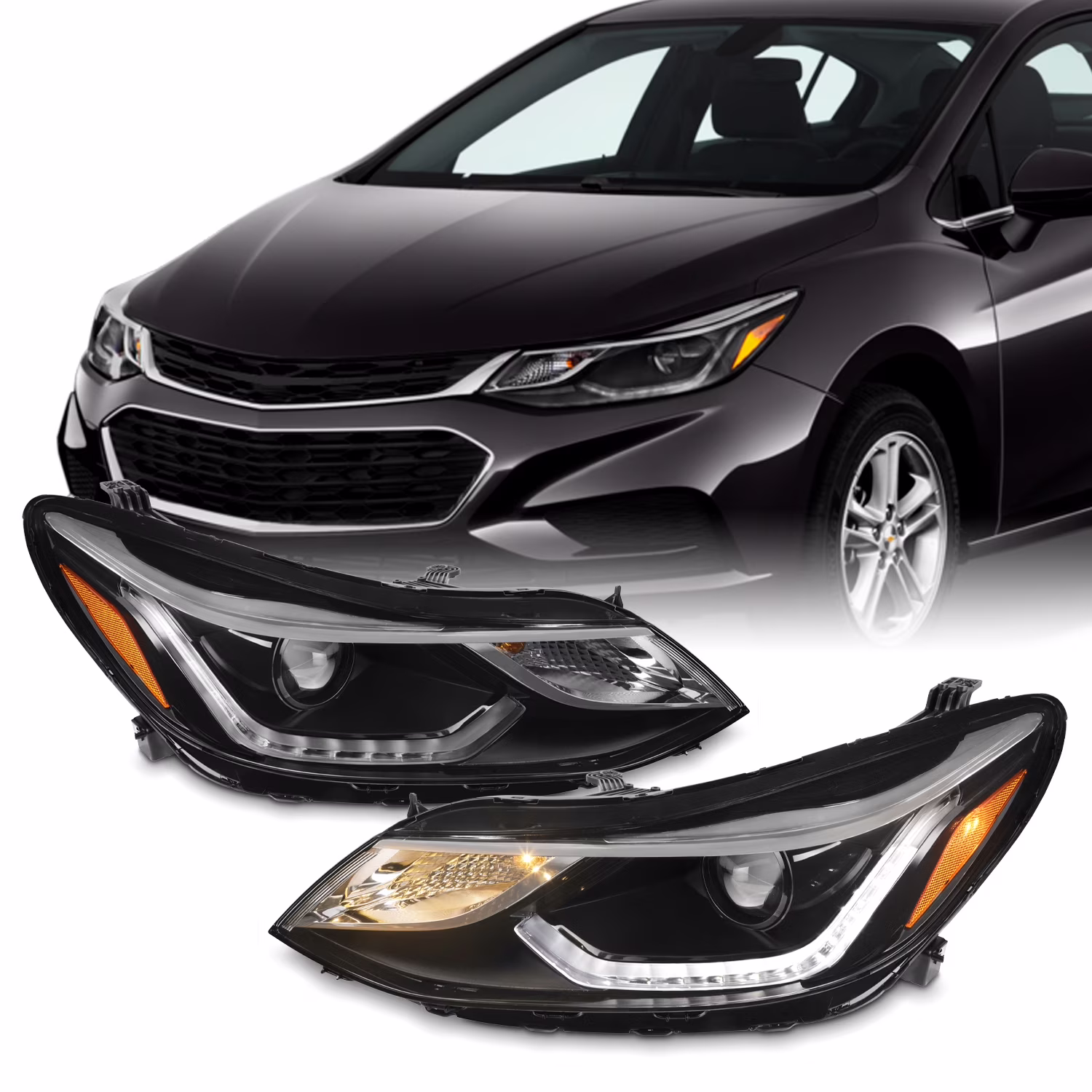 AKKON - Fits 2016 2017 2018 Chevy Cruze Sedan [LED DRL Running] Projector Black Headlights Pair Driver+Passenger Replacement