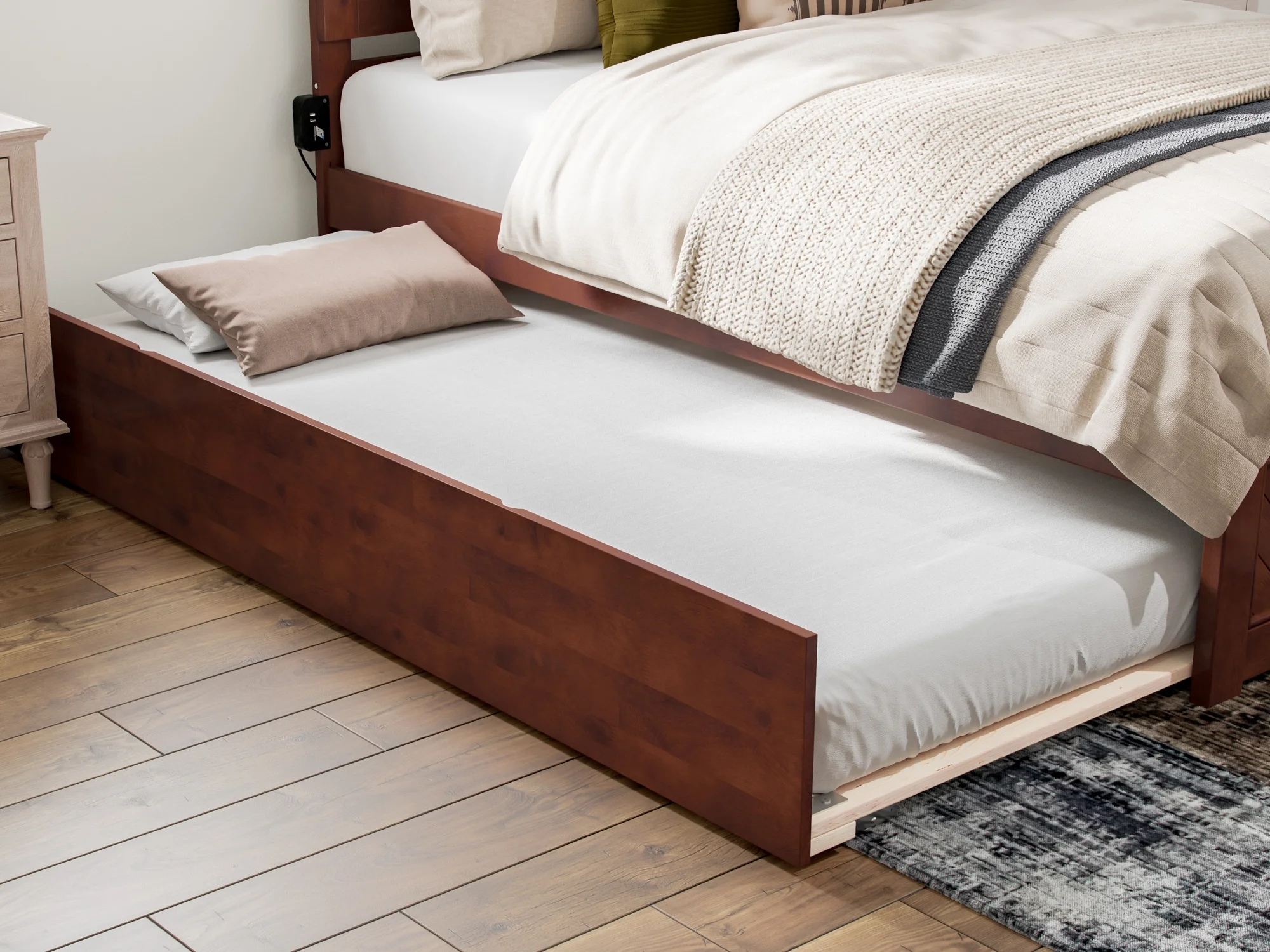 AFI Canyon Walnut Solid Wood Platform Bed with Matching Footboard & Twin XL Trundle, Queen