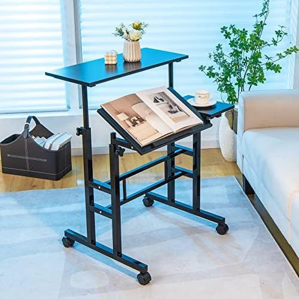 TJUNBOLIFE Mobile Standing Desk Stand Up Desk  Height Adjustable Home Office Desk with Standing & Seating 2 Modes  Tilting Tabletop & Flexible Wheels  Rolling Laptop Cart Sit Stan
