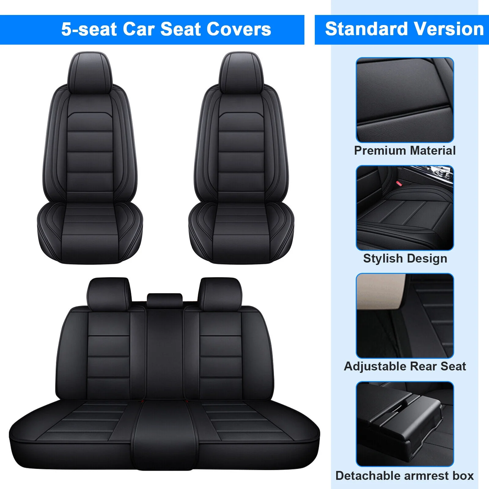 Car Seat Covers for Chevy 5 Seats Sedans SUV, Premium Pu Leather Auto Cushion Protector, Full Set for Cobalt/ Cruze/ Equinox/ HHR/ Impala Black