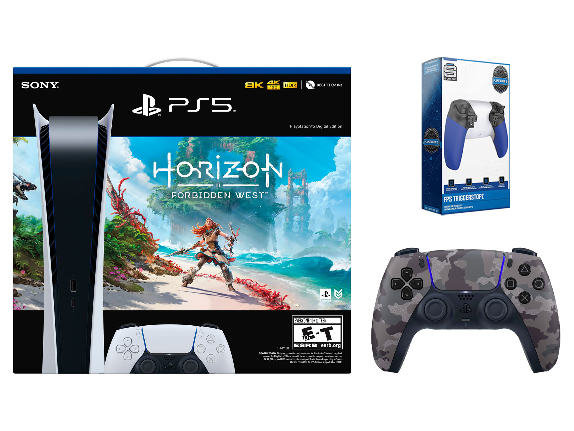 Sony Playstation 5 Horizon Forbidden West Digital Edition with Extra Gray Camo Controller and Trigger Kit Bundle