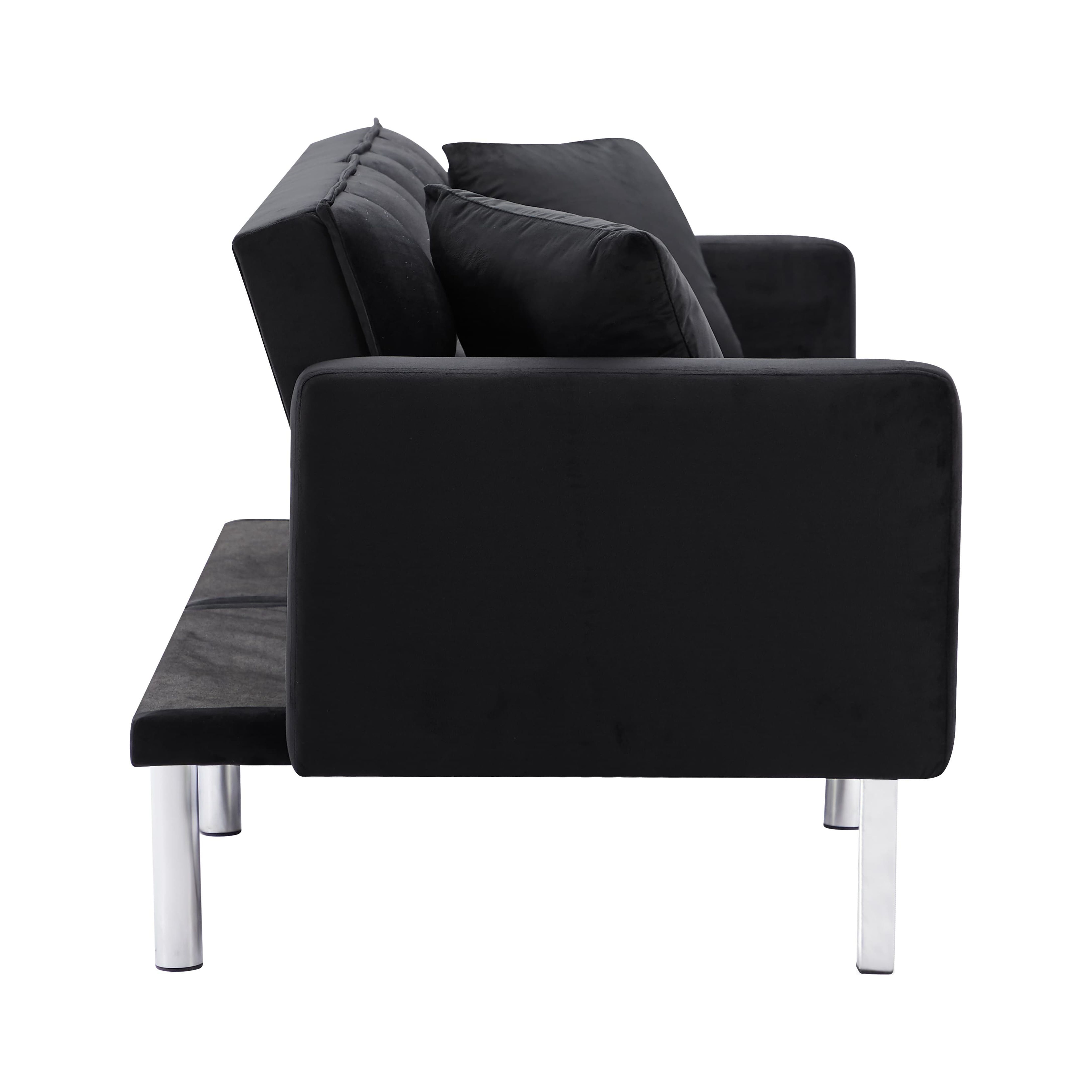 BSHTI Modern Velvet Futon Sofa Bed,Upholstered Tufted Convertible Sofa Sleeper with 2 Pillow(Black)